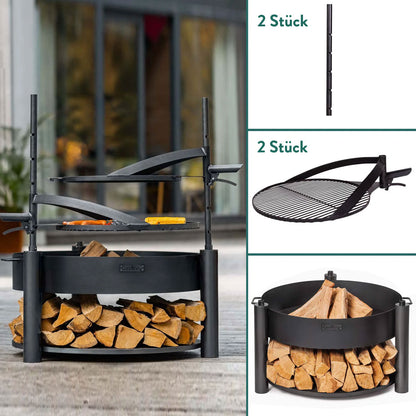 Feuerschale 80 cm, mit 2 Grillrost 60 cm und 50 cm, 2 Mast 77cm, Stauraum für Brennholz, aus Naturstahl, Cook King Montana X set, 6