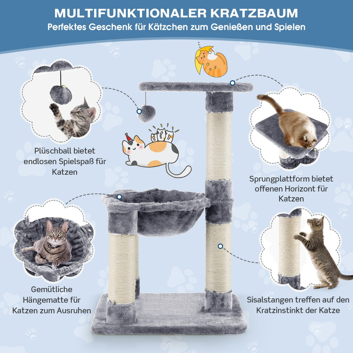 Katzenkratzbaum, Katzenkratzbaum, Mehrstöckiger Kratzbaum Weich Umwickelter Katzenbaum mit Gemütlicher Hängematte, Castway, 3