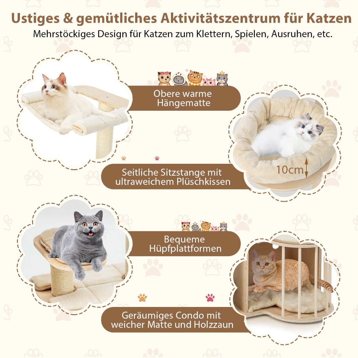 Katzenkratzbaum, Kratzbaum, 139 cm Kratzbaum aus Holz mit Höhle & Hängematte & Sisalpfosten & Kissen, Castway, 2