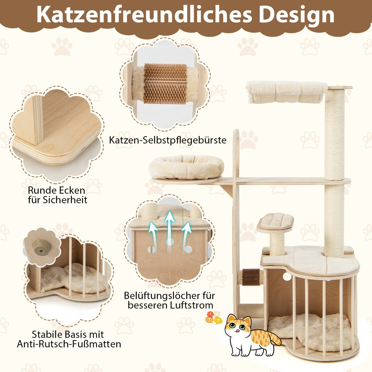 Katzenkratzbaum, Kratzbaum, 139 cm Kratzbaum aus Holz mit Höhle & Hängematte & Sisalpfosten & Kissen, Castway, 5