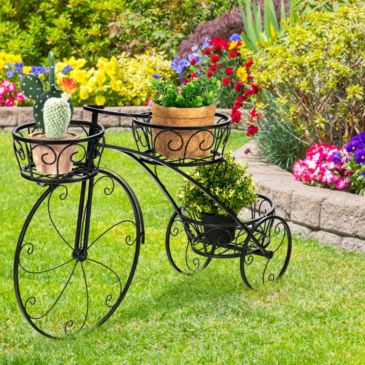 Pflanzenregal, Blumenregal, Dreirad-Pflanzenständer, Fahrrad-Pflanzenhalter im Pariser Stil 80 x 52 cm, Schwarz, Costway