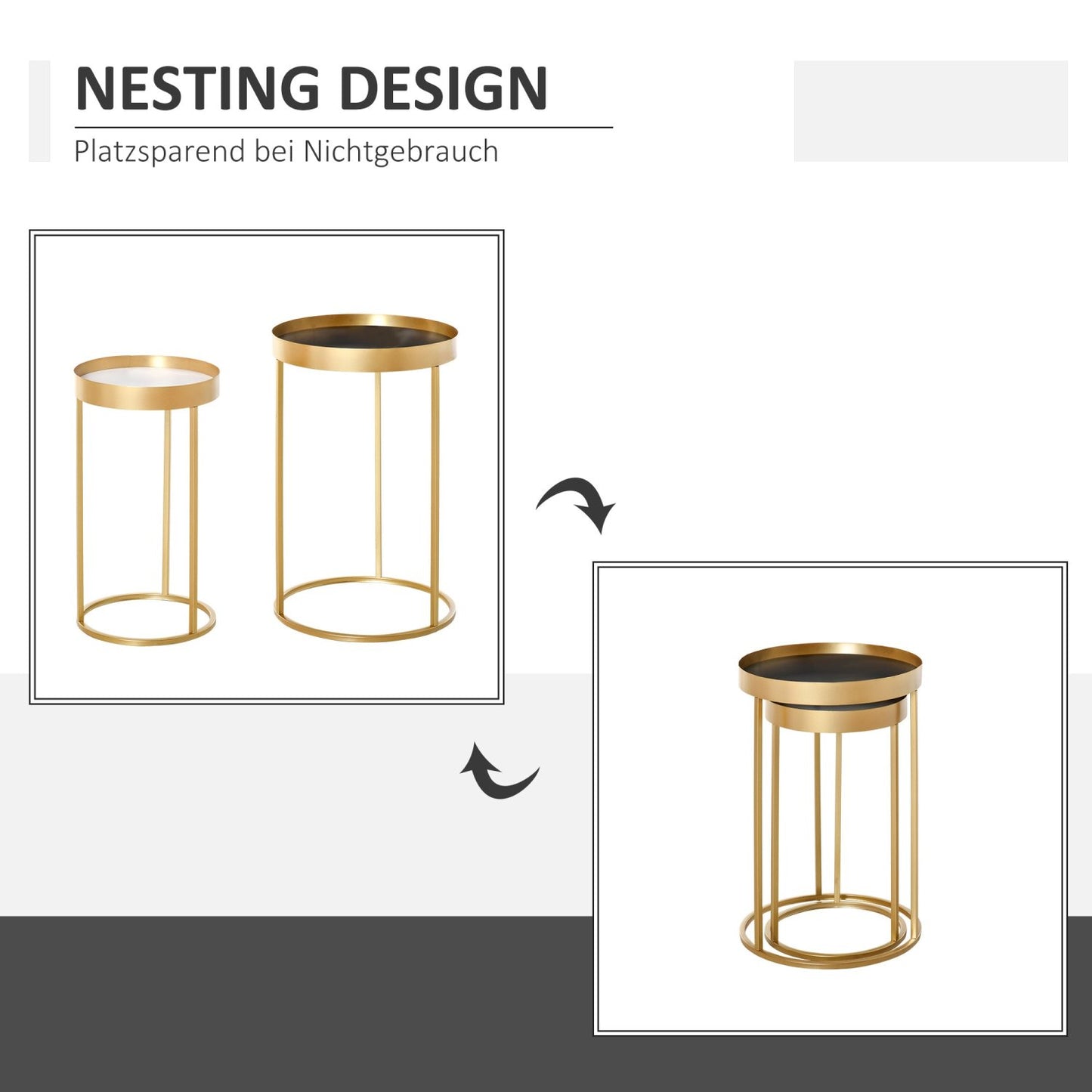Couchtisch, Kaffeetisch, 2er Set, Beistelltisch mit erhöhtem Rand, Rund, Retrodesign, MDF Metall, Gold, HOMCOM, 2