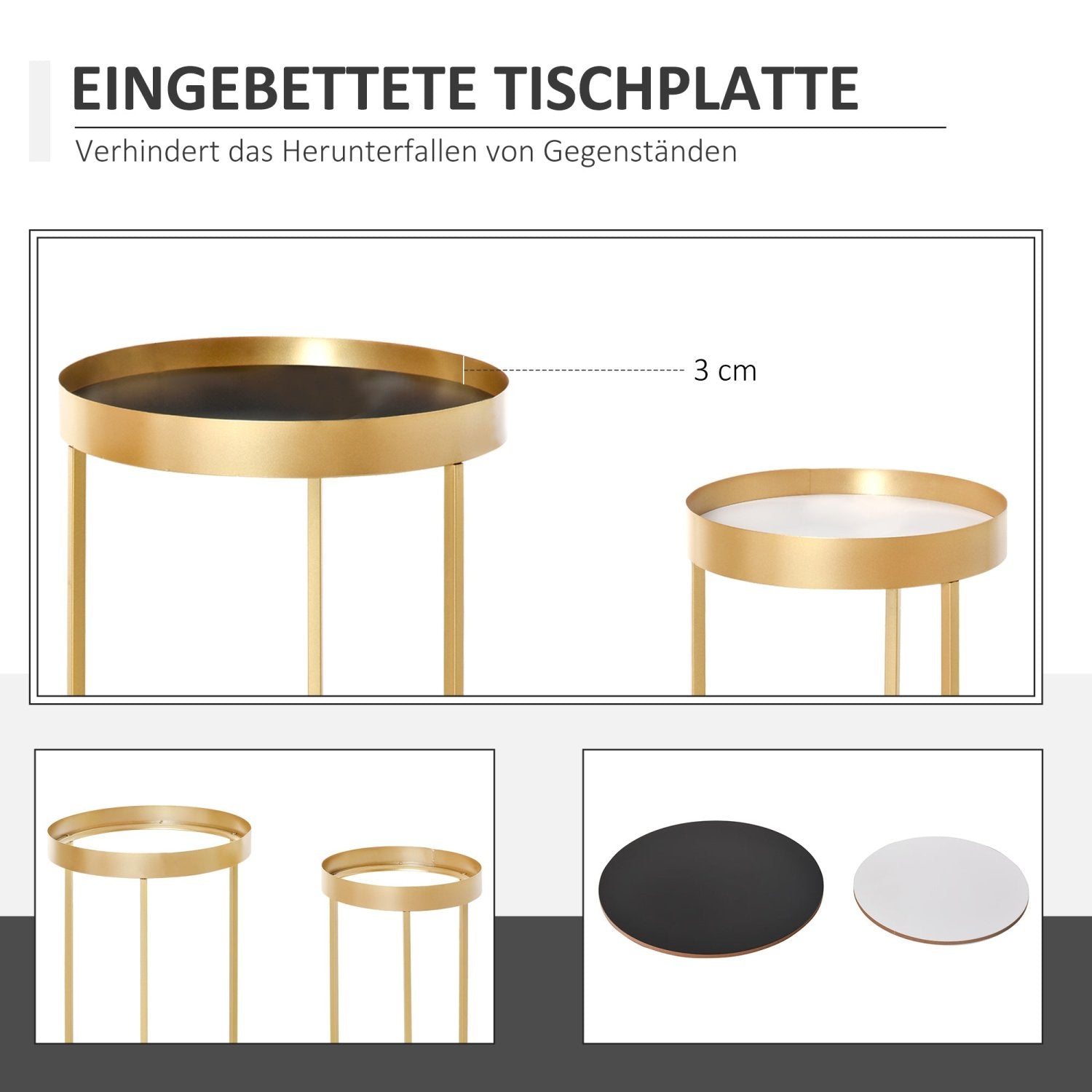 Couchtisch, Kaffeetisch, 2er Set, Beistelltisch mit erhöhtem Rand, Rund, Retrodesign, MDF Metall, Gold, HOMCOM, 3