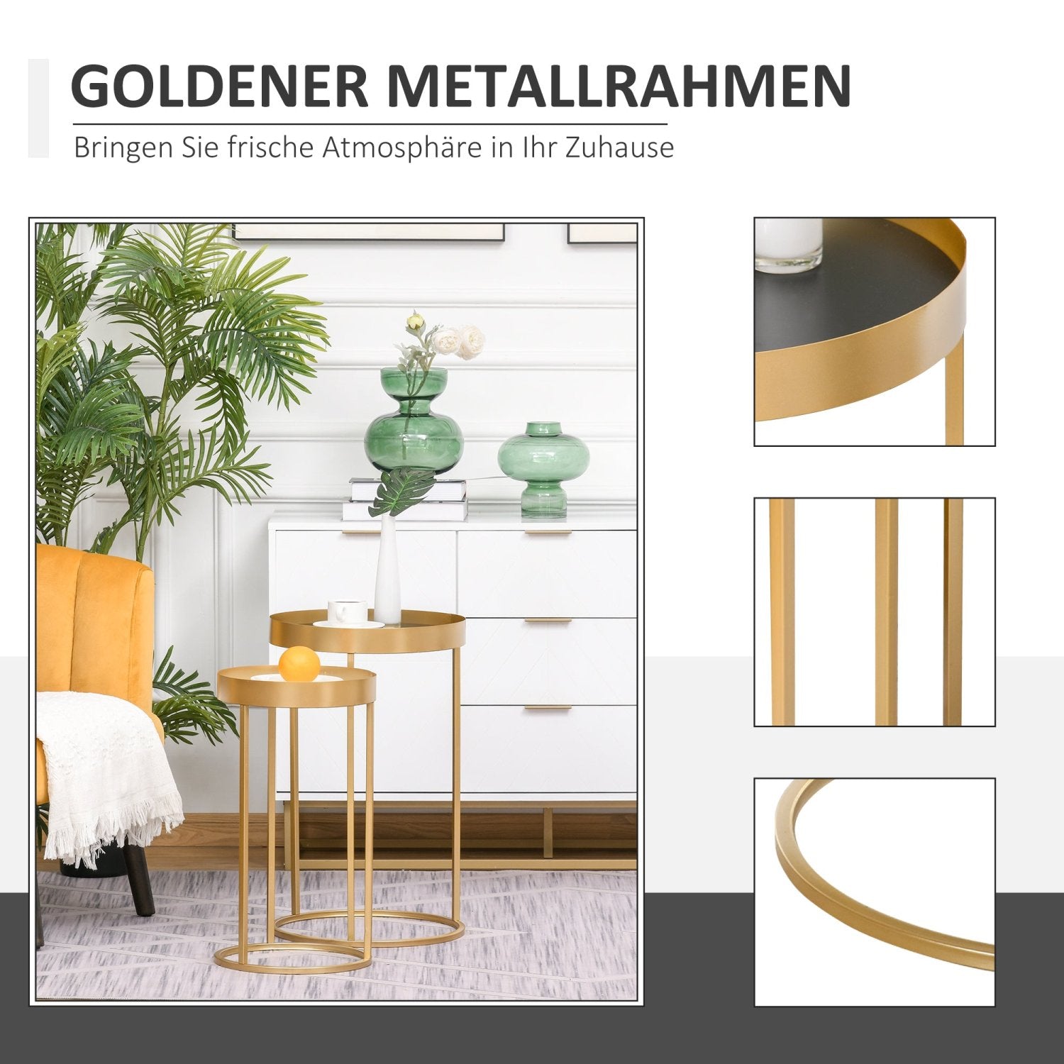 Couchtisch, Kaffeetisch, 2er Set, Beistelltisch mit erhöhtem Rand, Rund, Retrodesign, MDF Metall, Gold, HOMCOM, 4