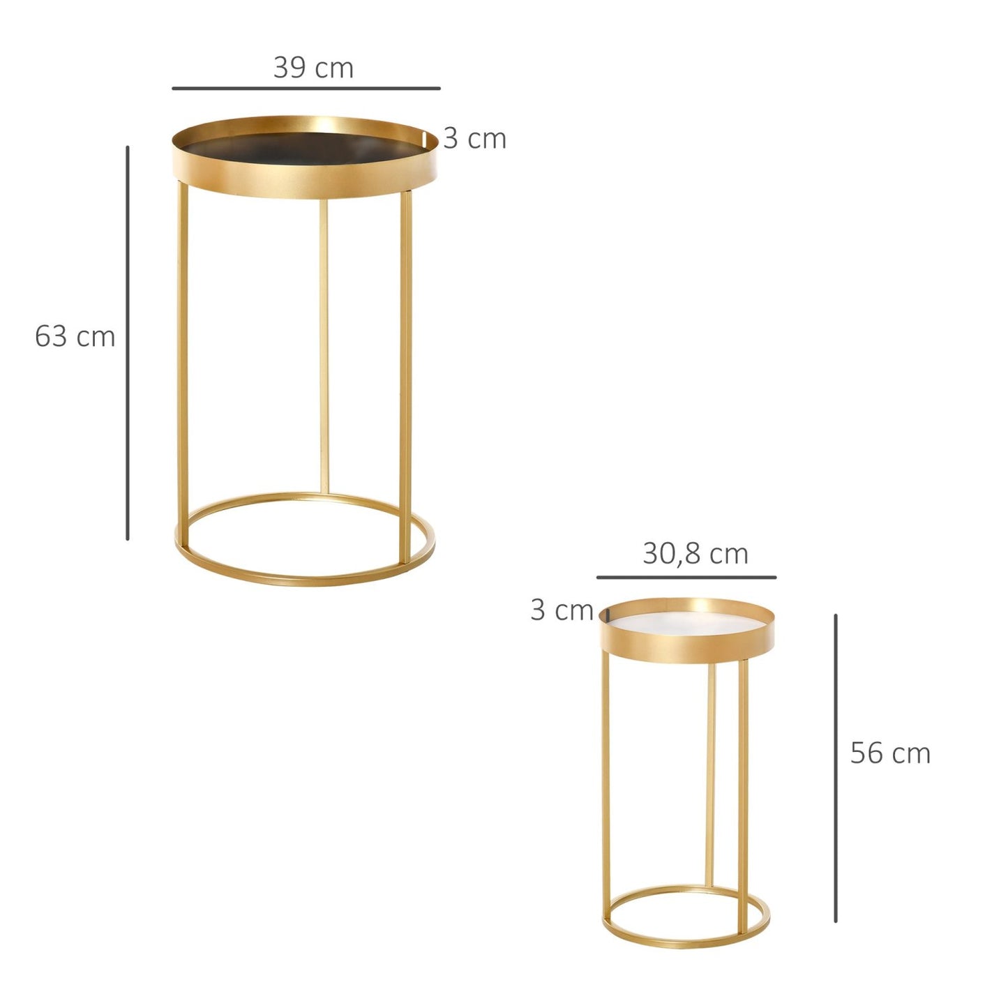 Couchtisch, Kaffeetisch, 2er Set, Beistelltisch mit erhöhtem Rand, Rund, Retrodesign, MDF Metall, Gold, HOMCOM, 8