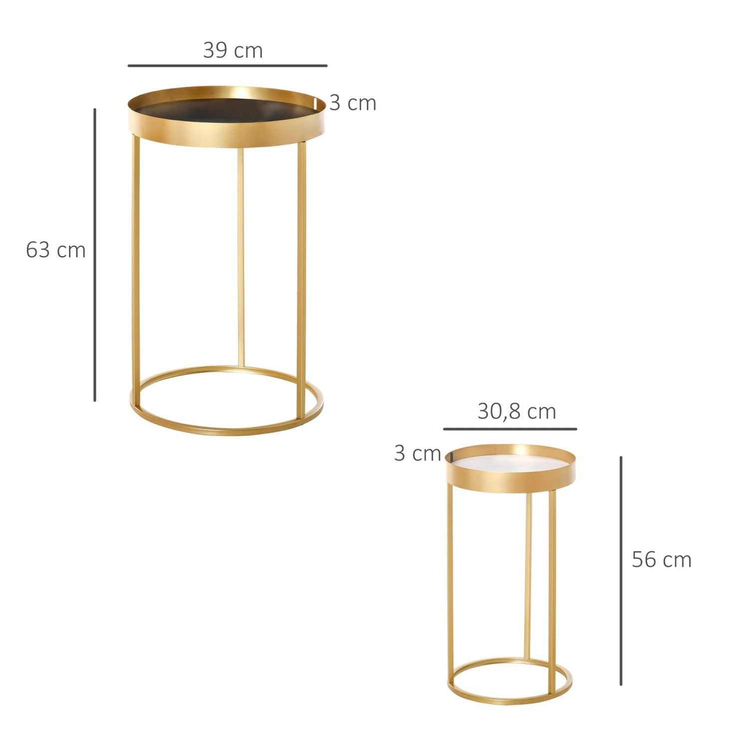 Couchtisch, Kaffeetisch, 2er Set, Beistelltisch mit erhöhtem Rand, Rund, Retrodesign, MDF Metall, Gold, HOMCOM, 8