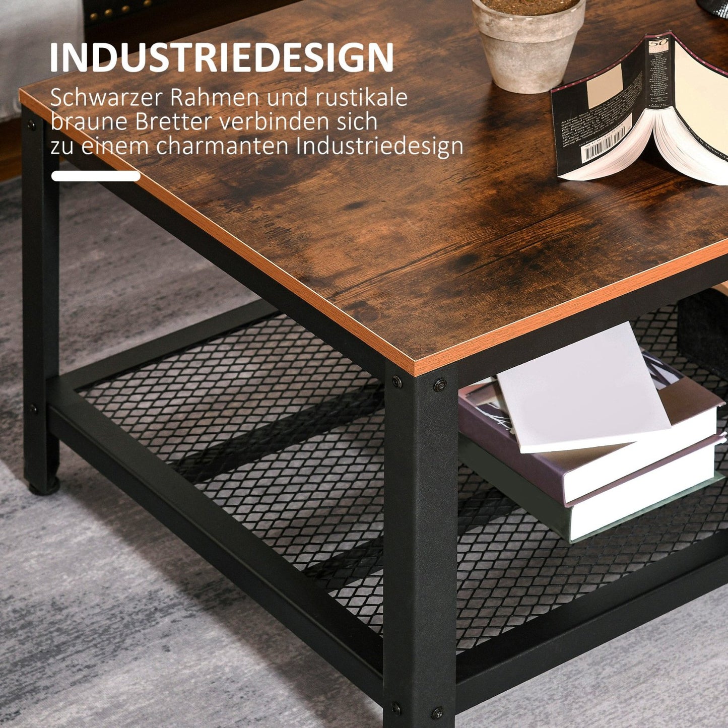 Couchtisch, Wohnzimmertisch, Sofatisch, mit Ablage, Beistelltisch, Metallgestell, Industrial Design, Schwarz Walnuss, HOMCOM, 2