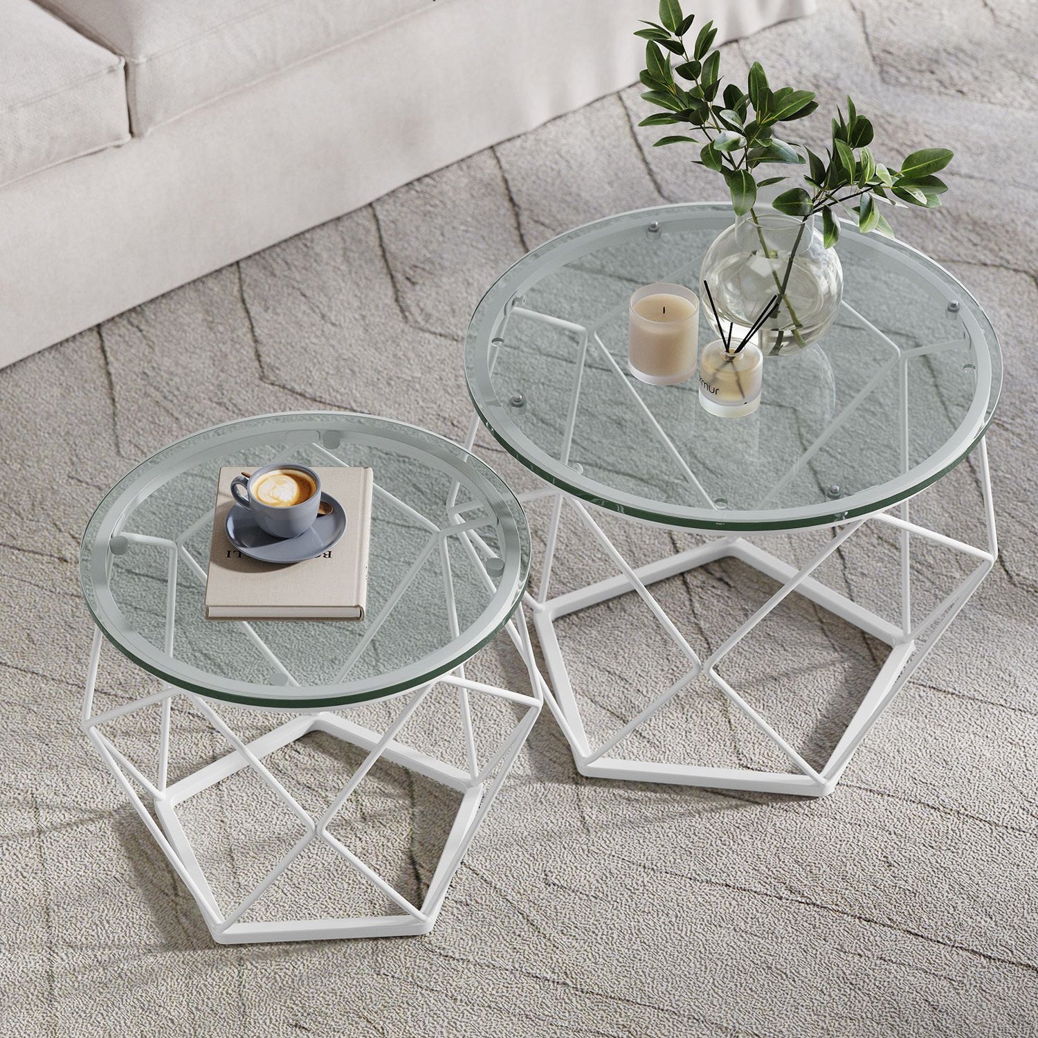 vasagle - glastisch, couchtisch glas, beistelltisch, 2er set,  wohnzimmertisch, beistelltisch, couchtisch modern, transparent-weiß