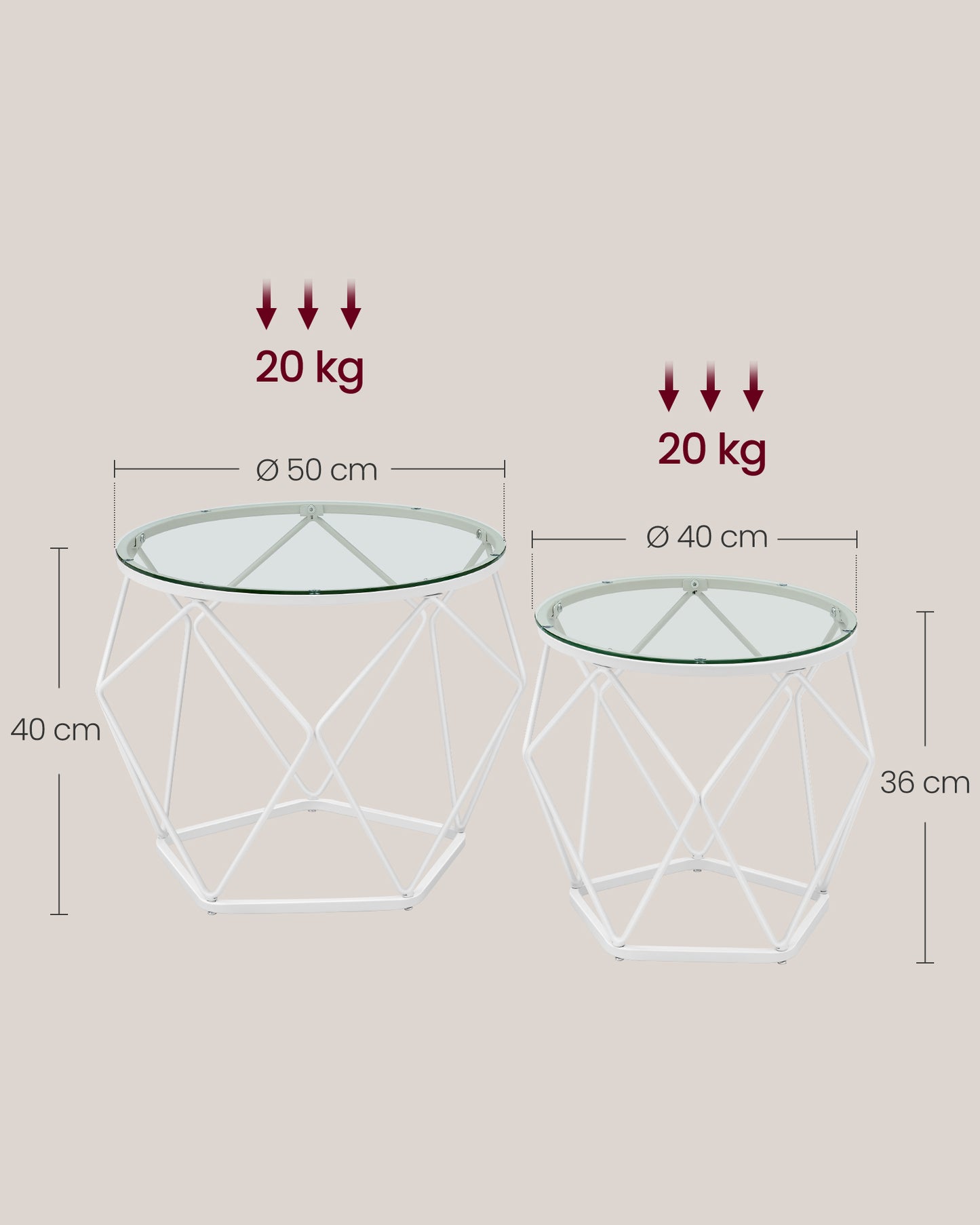 Couchtisch glas, Beistelltisch couch, 2er Set, Wohnzimmertisch, Beistelltisch, abnehmbare Tischplatte, weiß, VASAGLE, 6