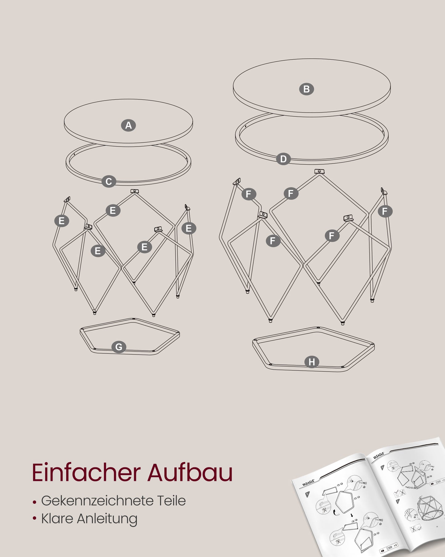 Couchtisch glas, Beistelltisch couch, 2er Set, Wohnzimmertisch, Beistelltisch, abnehmbare Tischplatte, weiß, VASAGLE, 8