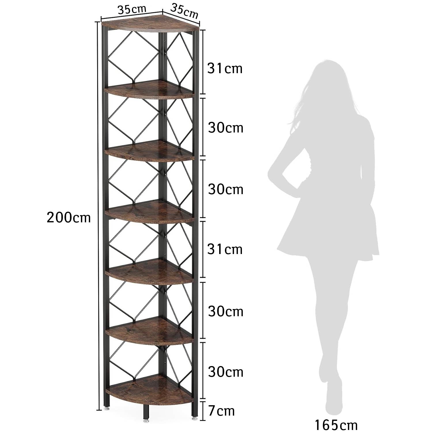 Tribesigns 7-Ebenen Eckregal, 200cm extra hohes Eck-Bücherregal, industrielles, schmales Bücherregal für kleine, Enge Räume