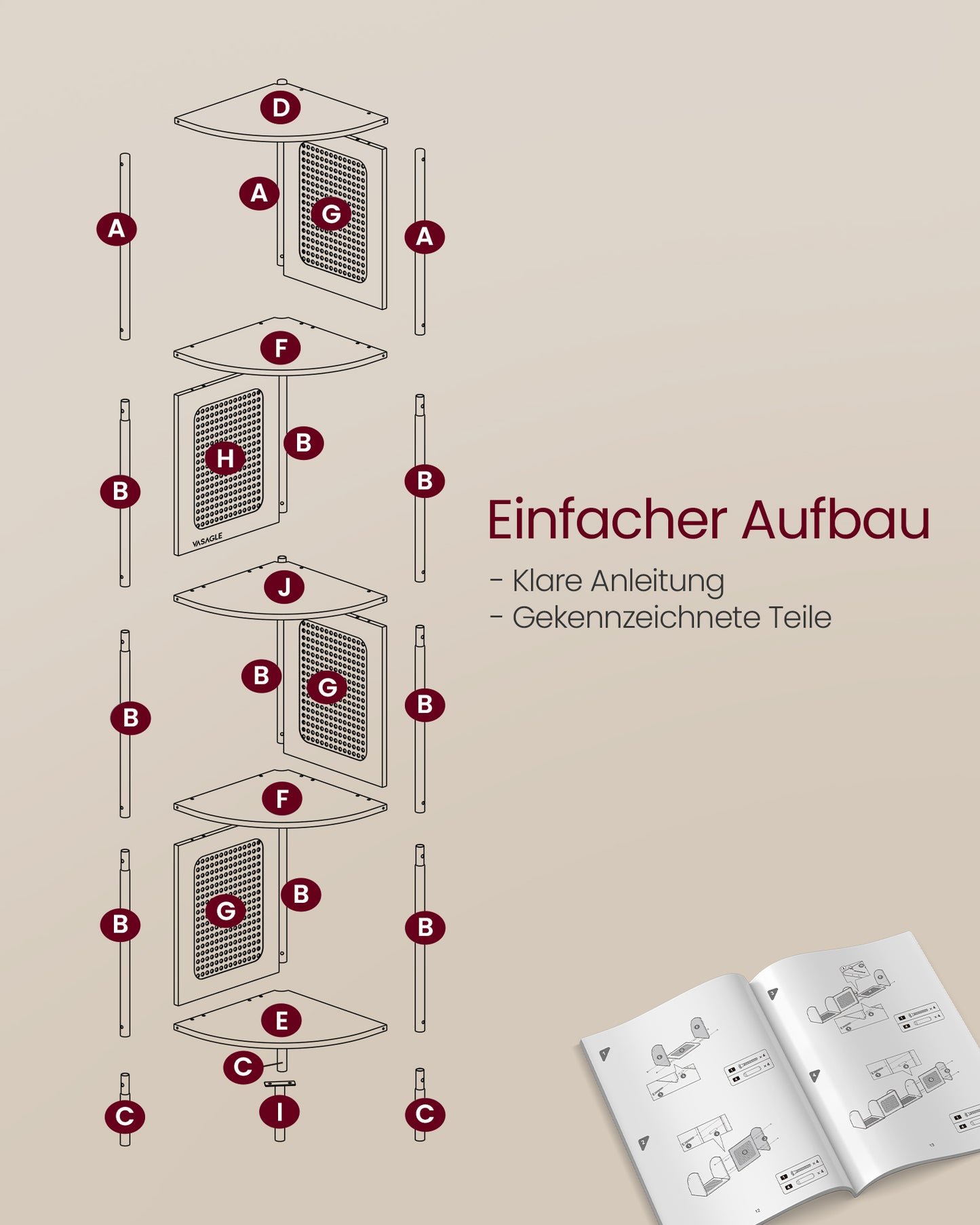 Eckregal, Bücherregal mit 5 Ebenen, Standregal, Eck bücherregal, Polyrattan-Seitenplatten, Metallrahmen, zschwarz, VASAGLE, 8