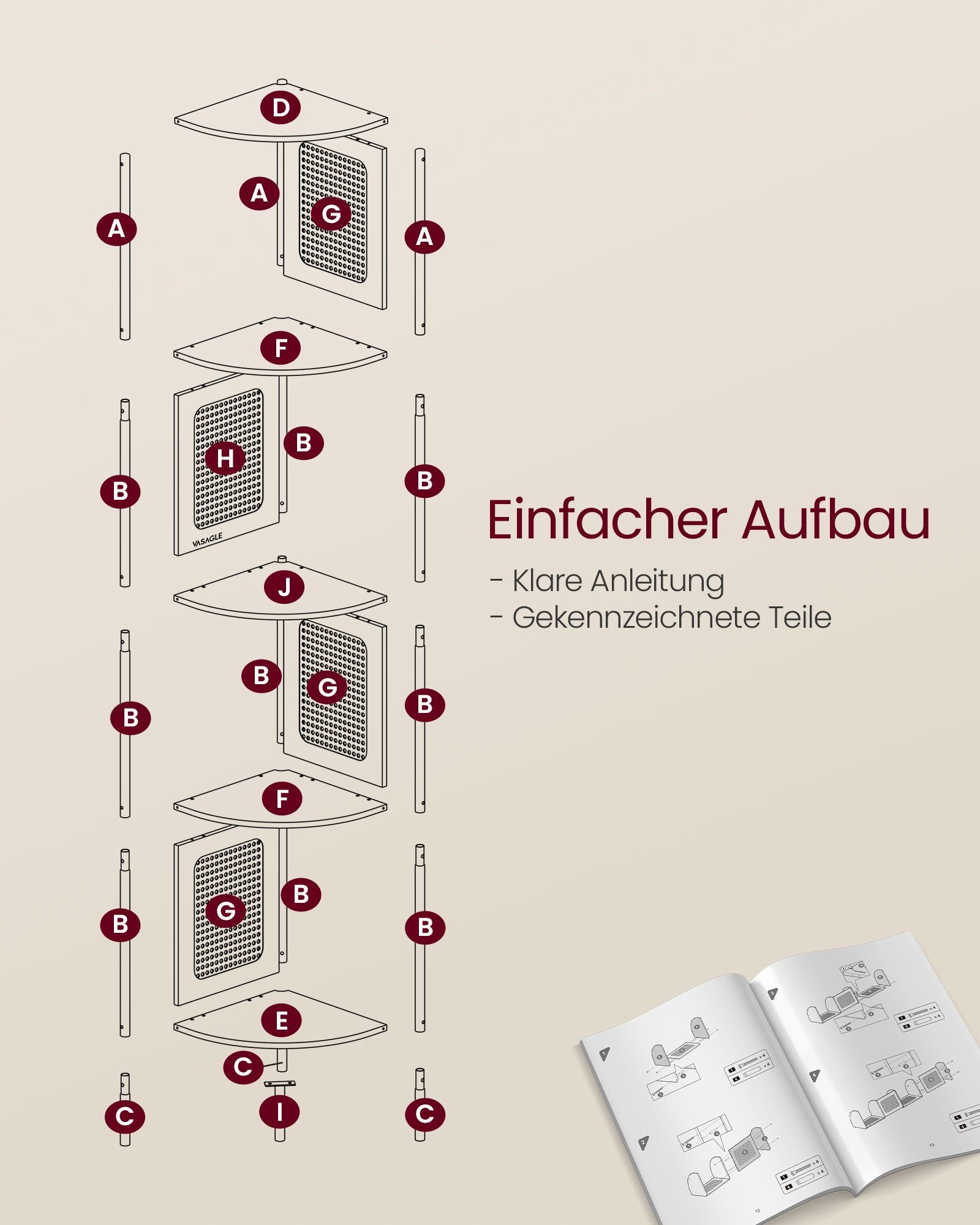 Eckregal, Bücherregal mit 5 Ebenen, Standregal, Eck bücherregal, Metallrahmen, für Wohnzimmer, Küche, eichenbeige, VASAGLE, 8