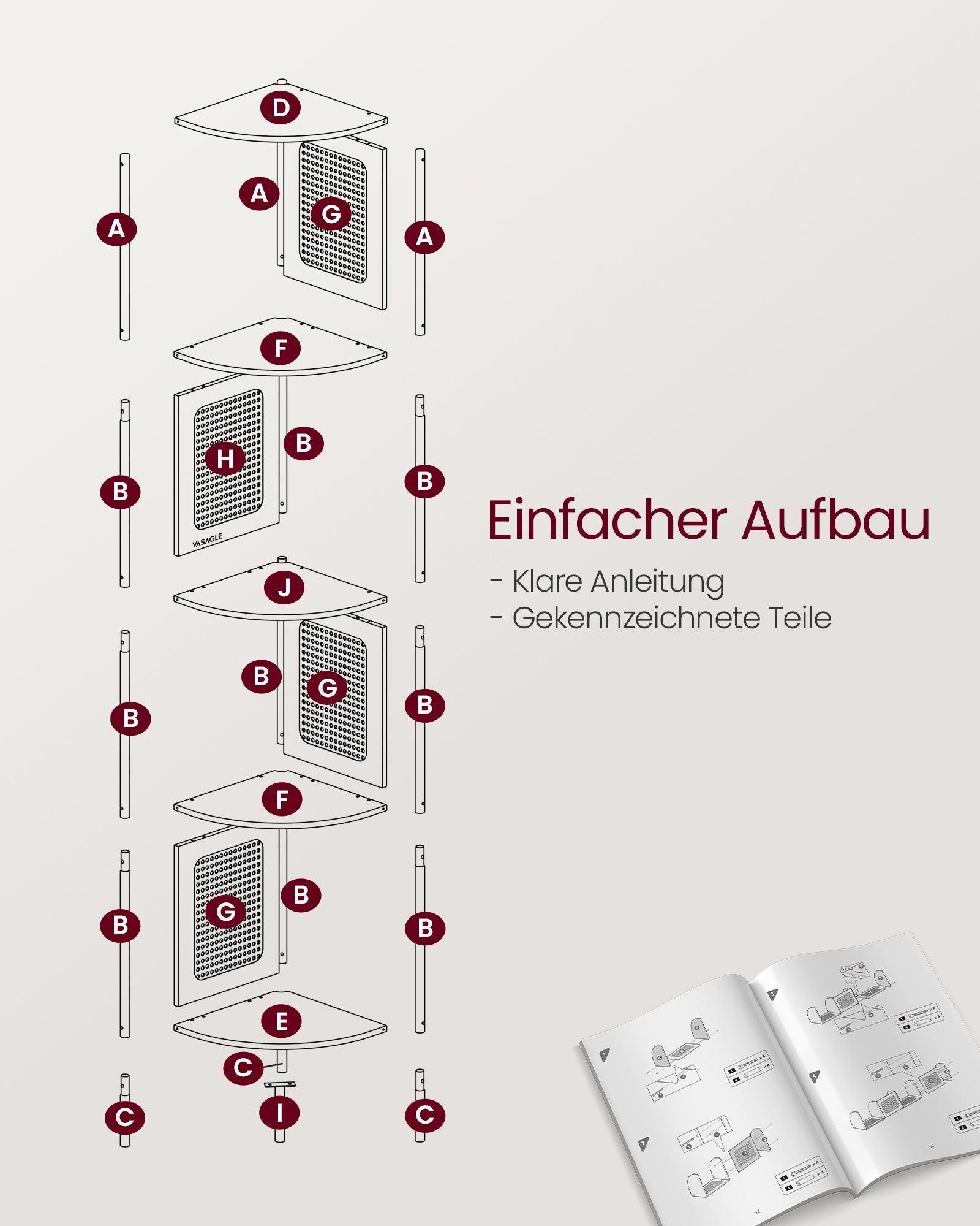 Eckregal, Bücherregal, mit 5 Ebenen, Standregal, Eck bücherregal, Polyrattan-Seitenplatten, Metallrahmen, beige, VASAGLE, 8