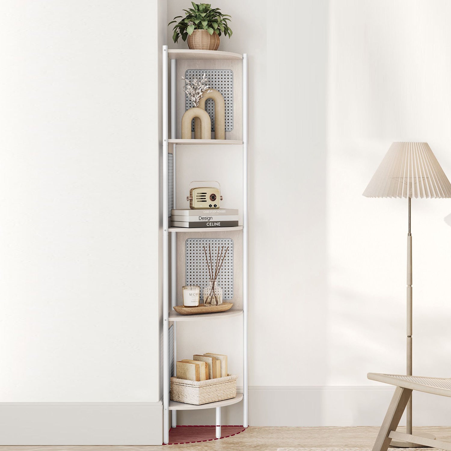 Eckregal, Bücherregal, mit 5 Ebenen, Standregal, Eck bücherregal, Polyrattan-Seitenplatten, Metallrahmen, beige, VASAGLE