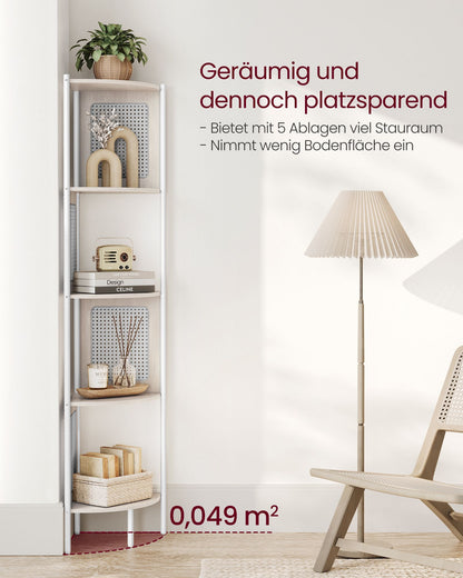 Eckregal, Bücherregal, mit 5 Ebenen, Standregal, Eck bücherregal, Polyrattan-Seitenplatten, Metallrahmen, beige, VASAGLE, 4