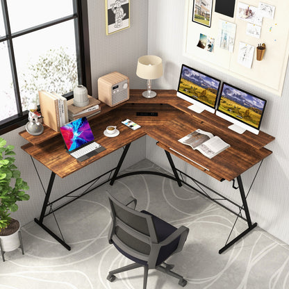 Eckschreibtisch, Schreibtisch L Form, Eckschreibtisch mit Steckdose & USB-Ladeanschluss & Monitorständer, Costway, 1