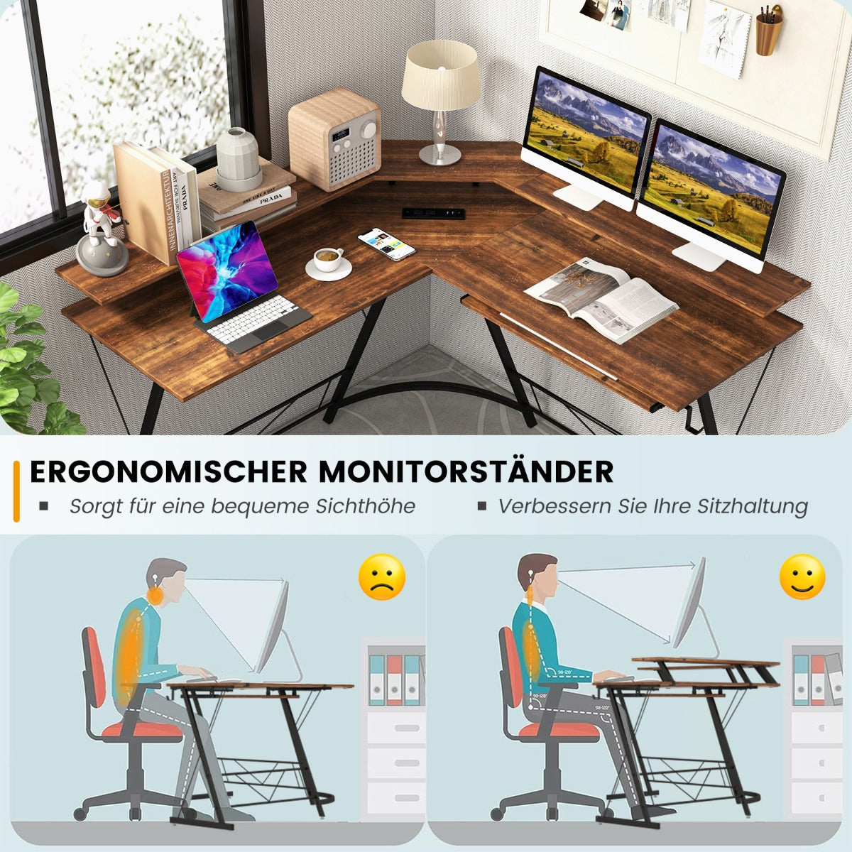 Eckschreibtisch, Schreibtisch L Form, Eckschreibtisch mit Steckdose & USB-Ladeanschluss & Monitorständer, Costway, 3