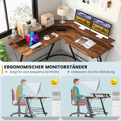 Eckschreibtisch, Schreibtisch L Form, Eckschreibtisch mit Steckdose & USB-Ladeanschluss & Monitorständer, Costway, 3