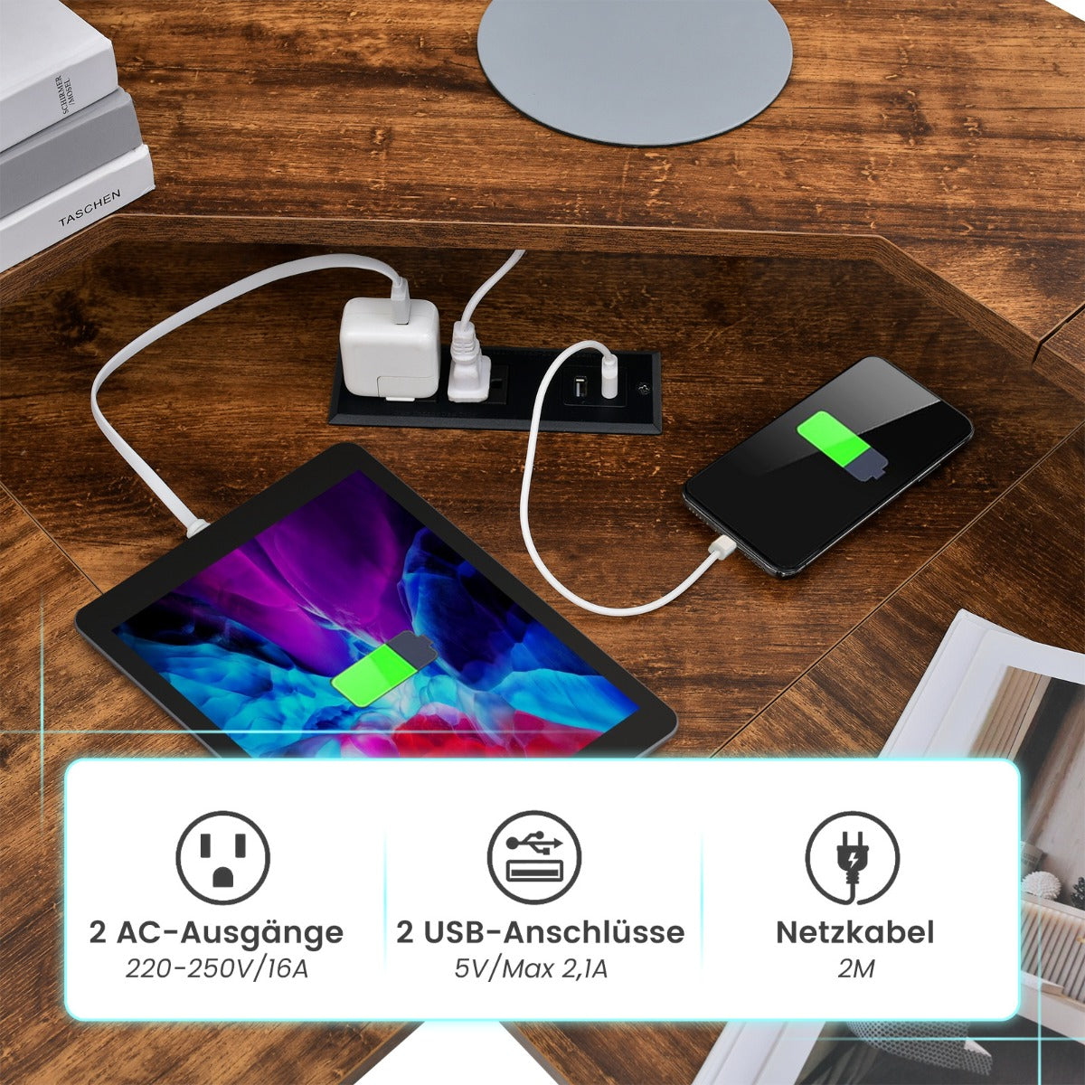 Eckschreibtisch, Schreibtisch L Form, Eckschreibtisch mit Steckdose & USB-Ladeanschluss & Monitorständer, Costway, 4