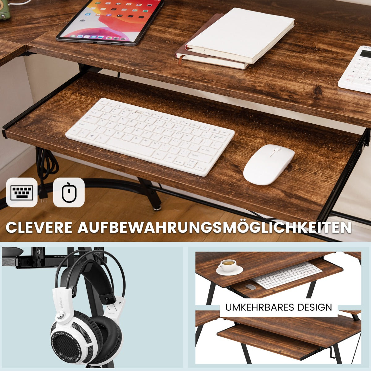 Eckschreibtisch, Schreibtisch L Form, Eckschreibtisch mit Steckdose & USB-Ladeanschluss & Monitorständer, Costway, 6