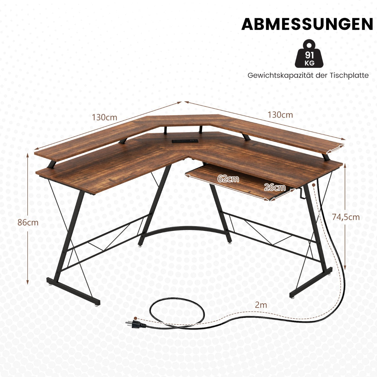 Eckschreibtisch, Schreibtisch L Form, Eckschreibtisch mit Steckdose & USB-Ladeanschluss & Monitorständer, Costway, 7