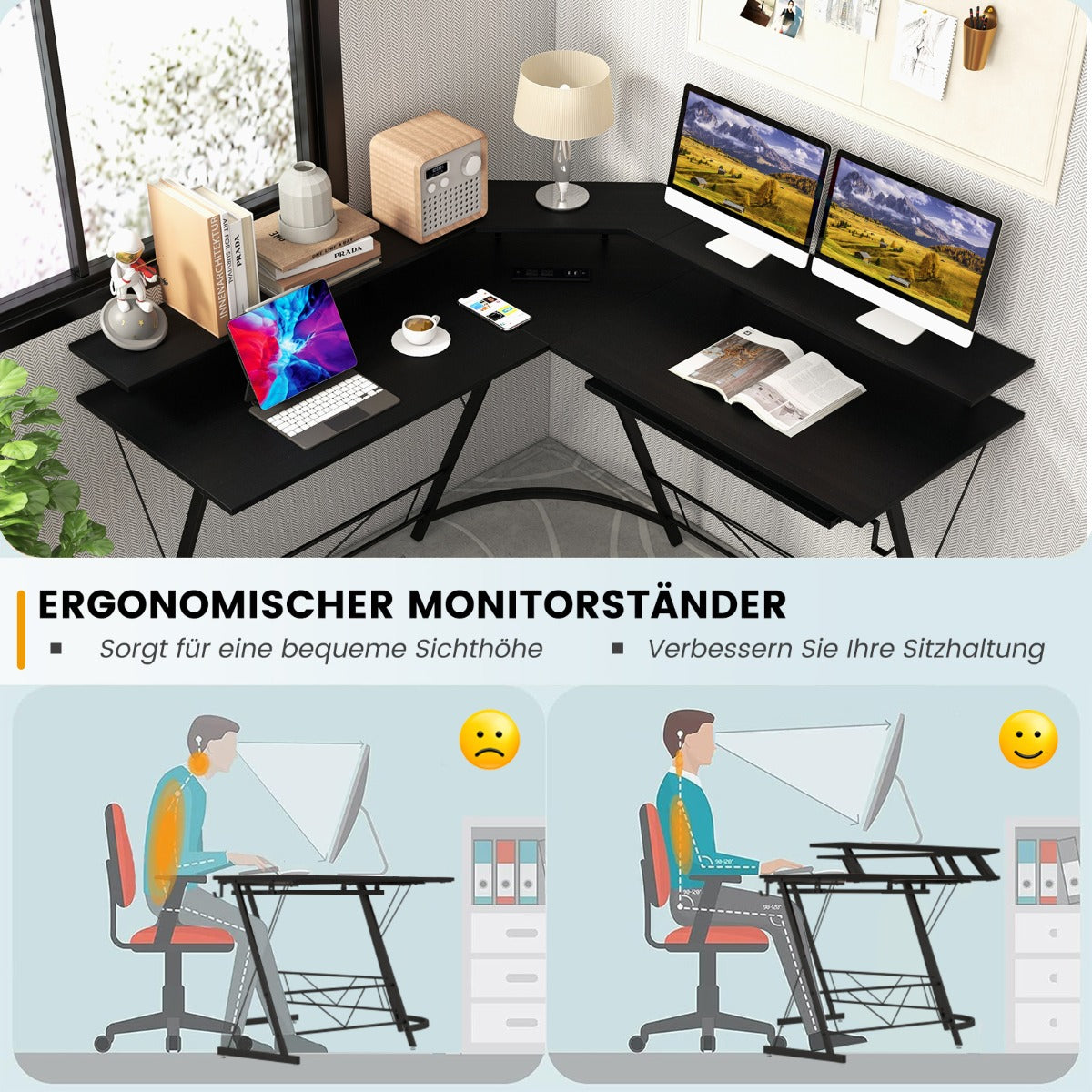 Eckschreibtisch, Schreibtisch L Form, L Schreibtisch, Gaming Tisch, Eckschreibtisch mit Steckdose, Monitorständer, Costway, 3