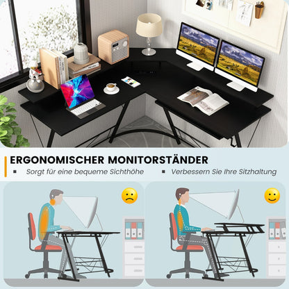 Eckschreibtisch, Schreibtisch L Form, L Schreibtisch, Gaming Tisch, Eckschreibtisch mit Steckdose, Monitorständer, Costway, 3