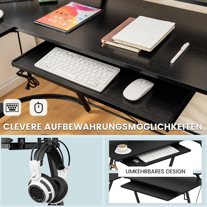 Eckschreibtisch, Schreibtisch L Form, L Schreibtisch, Gaming Tisch, Eckschreibtisch mit Steckdose, Monitorständer, Costway, 4
