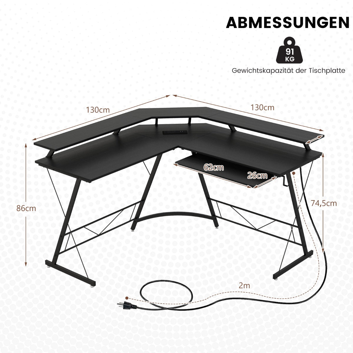 Eckschreibtisch, Schreibtisch L Form, L Schreibtisch, Gaming Tisch, Eckschreibtisch mit Steckdose, Monitorständer, Costway, 7