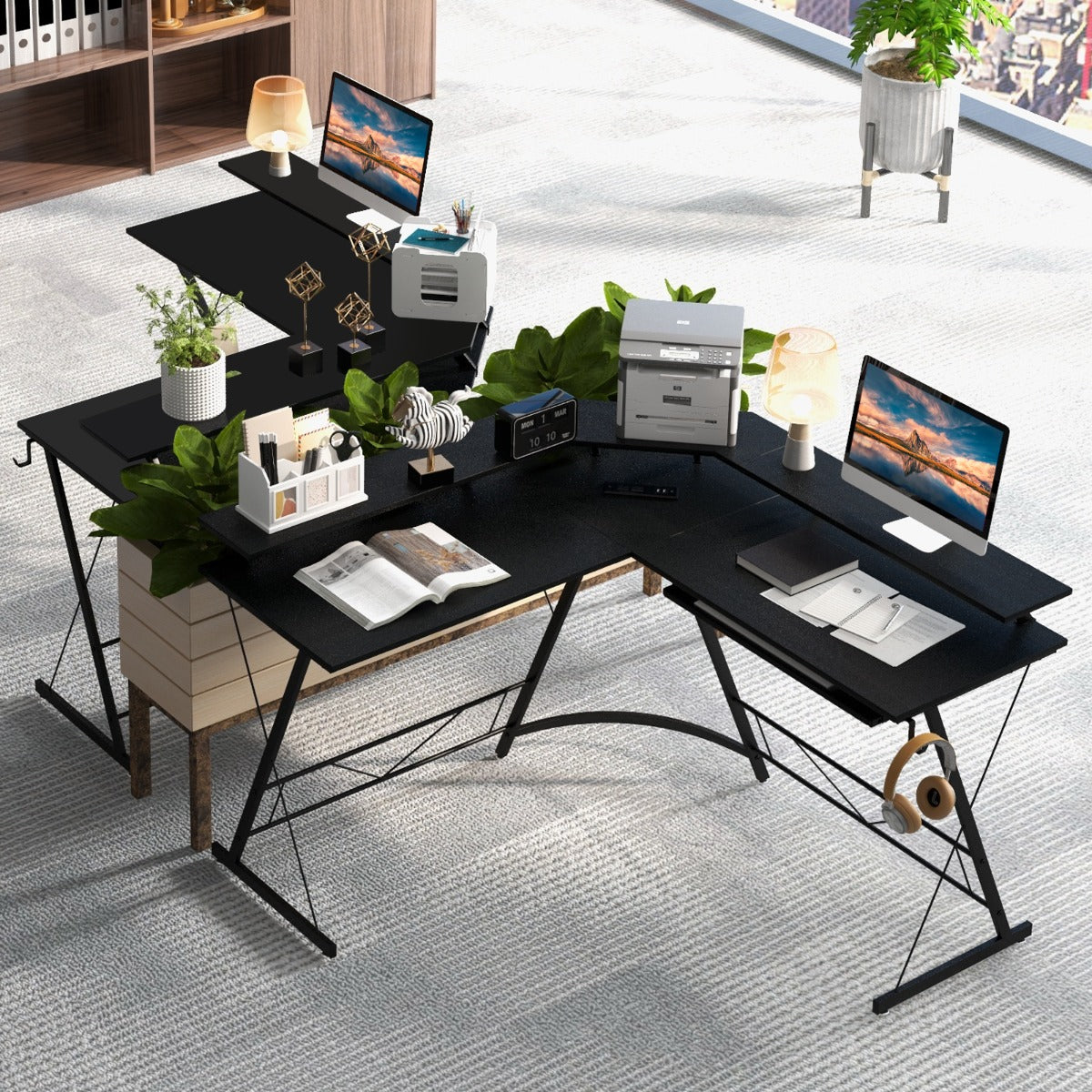 Eckschreibtisch, Schreibtisch L Form, L Schreibtisch, Gaming Tisch, Eckschreibtisch mit Steckdose, Monitorständer, Costway, 8