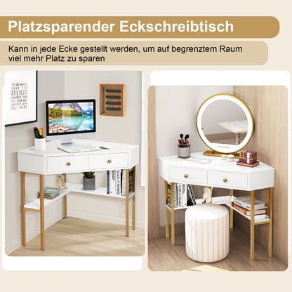 Eckschreibtisch weiß, Schreibtisch mit Schublade, Kleiner Schreibtisch, mit 2 Großen Schubladen, Costway, 4