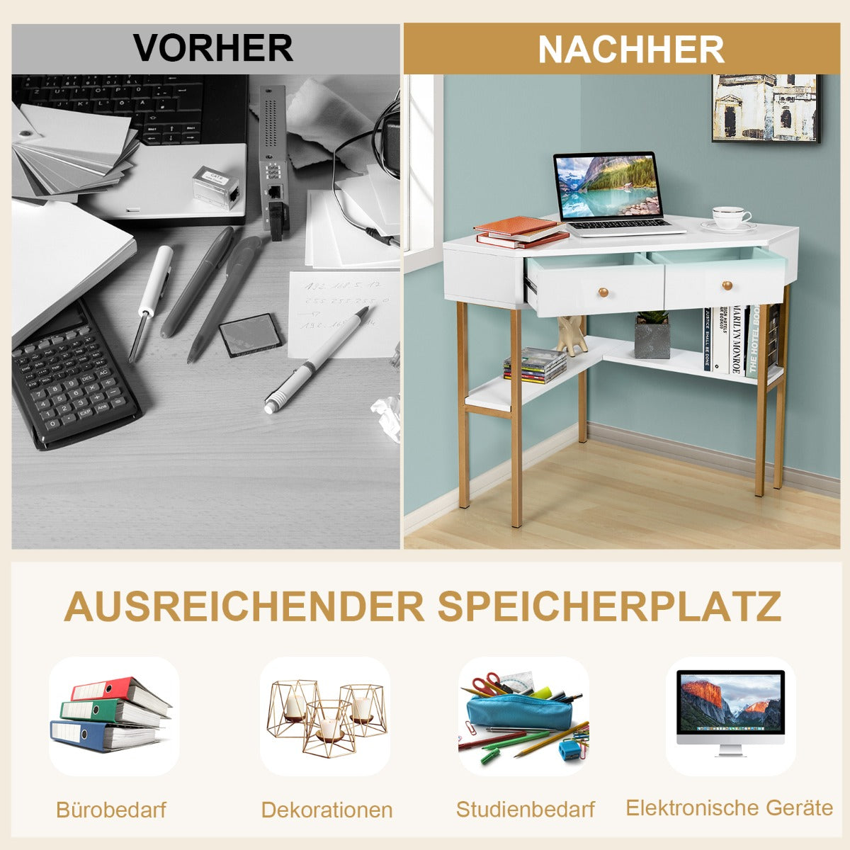 Eckschreibtisch weiß, Schreibtisch mit Schublade, Kleiner Schreibtisch, mit 2 Großen Schubladen, Costway, 6