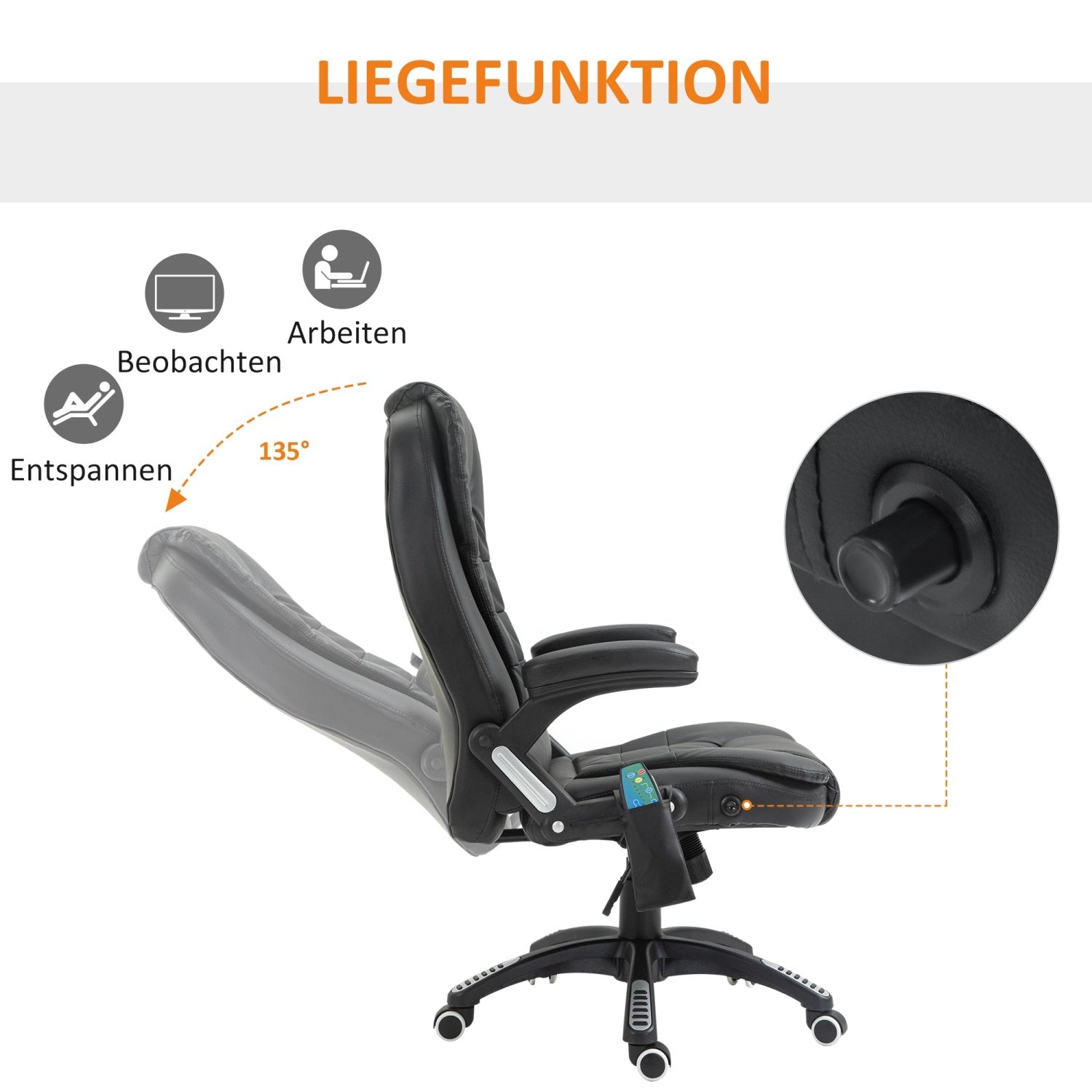 Bürostuhl, Ergonomischer Bürostuhl, Drehstuhl, Gamingstuhl, Chefsessel mit 6-Punkt Vibrationsmassage & Wärmefunktion, HOMCOM, 2