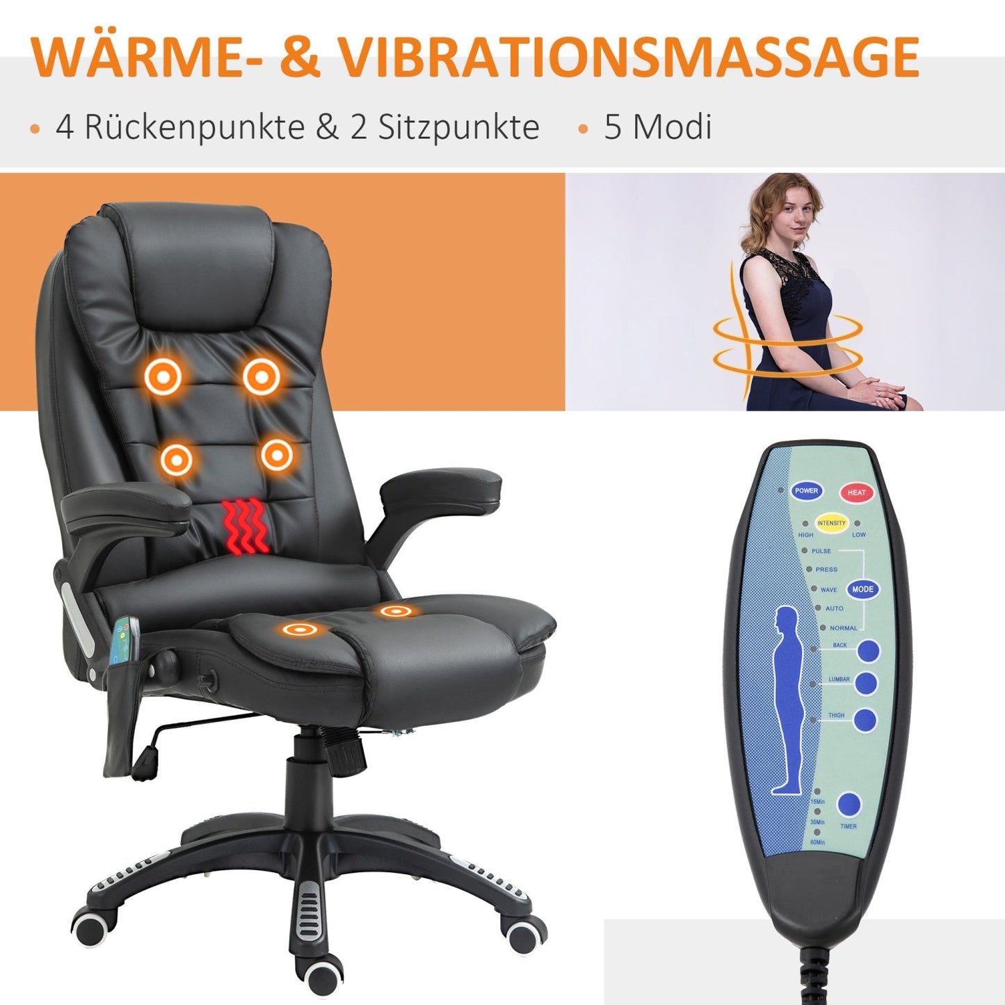 Bürostuhl, Ergonomischer Bürostuhl, Drehstuhl, Gamingstuhl, Chefsessel mit 6-Punkt Vibrationsmassage & Wärmefunktion, HOMCOM, 3