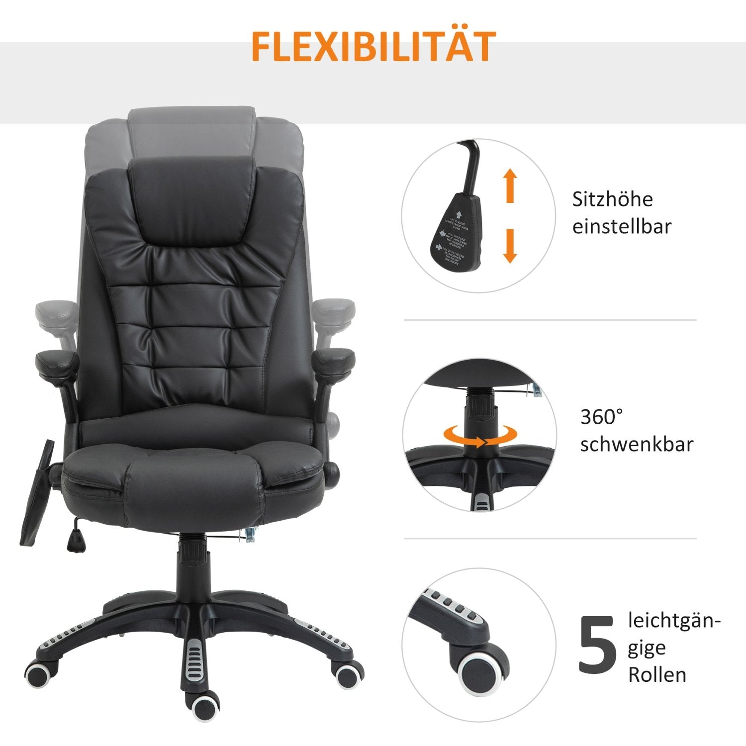 Bürostuhl, Ergonomischer Bürostuhl, Drehstuhl, Gamingstuhl, Chefsessel mit 6-Punkt Vibrationsmassage & Wärmefunktion, HOMCOM, 4