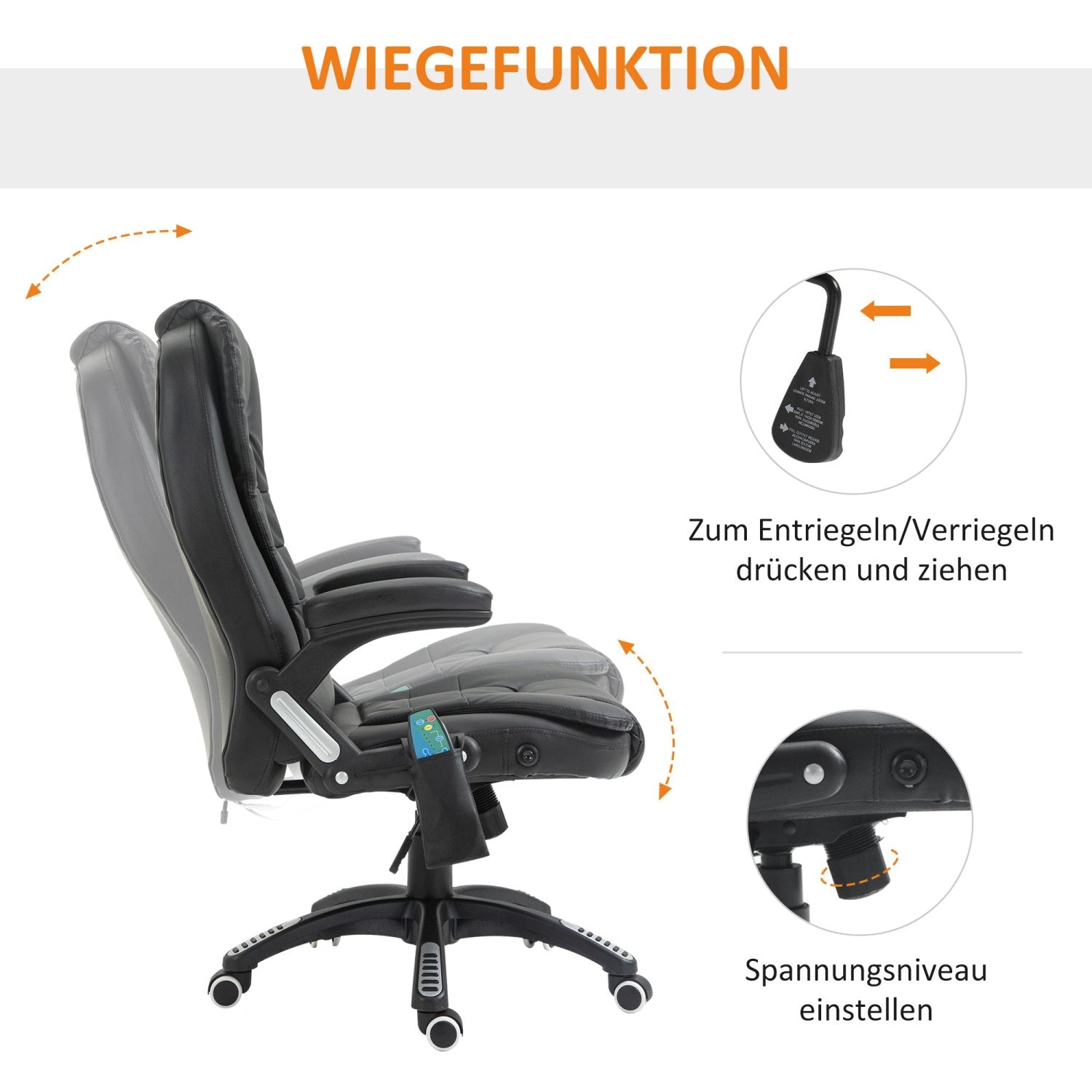 Bürostuhl, Ergonomischer Bürostuhl, Drehstuhl, Gamingstuhl, Chefsessel mit 6-Punkt Vibrationsmassage & Wärmefunktion, HOMCOM, 5