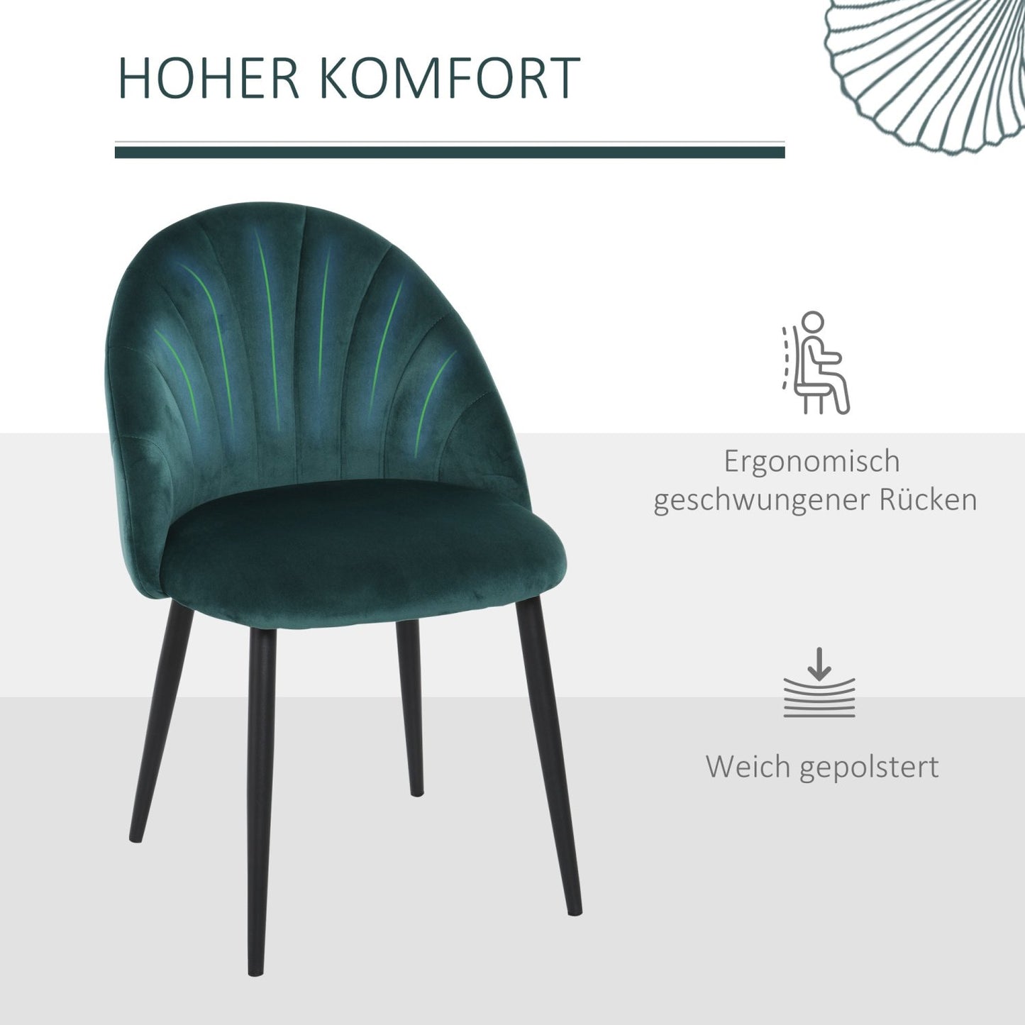 Esszimmerstühle, Esstisch stühle, Küchenstühle, 2er Set, Skandi Design Wohnzimmerstuhl Polsterstuhl Samt Metall, Grün, HOMCOM, 3