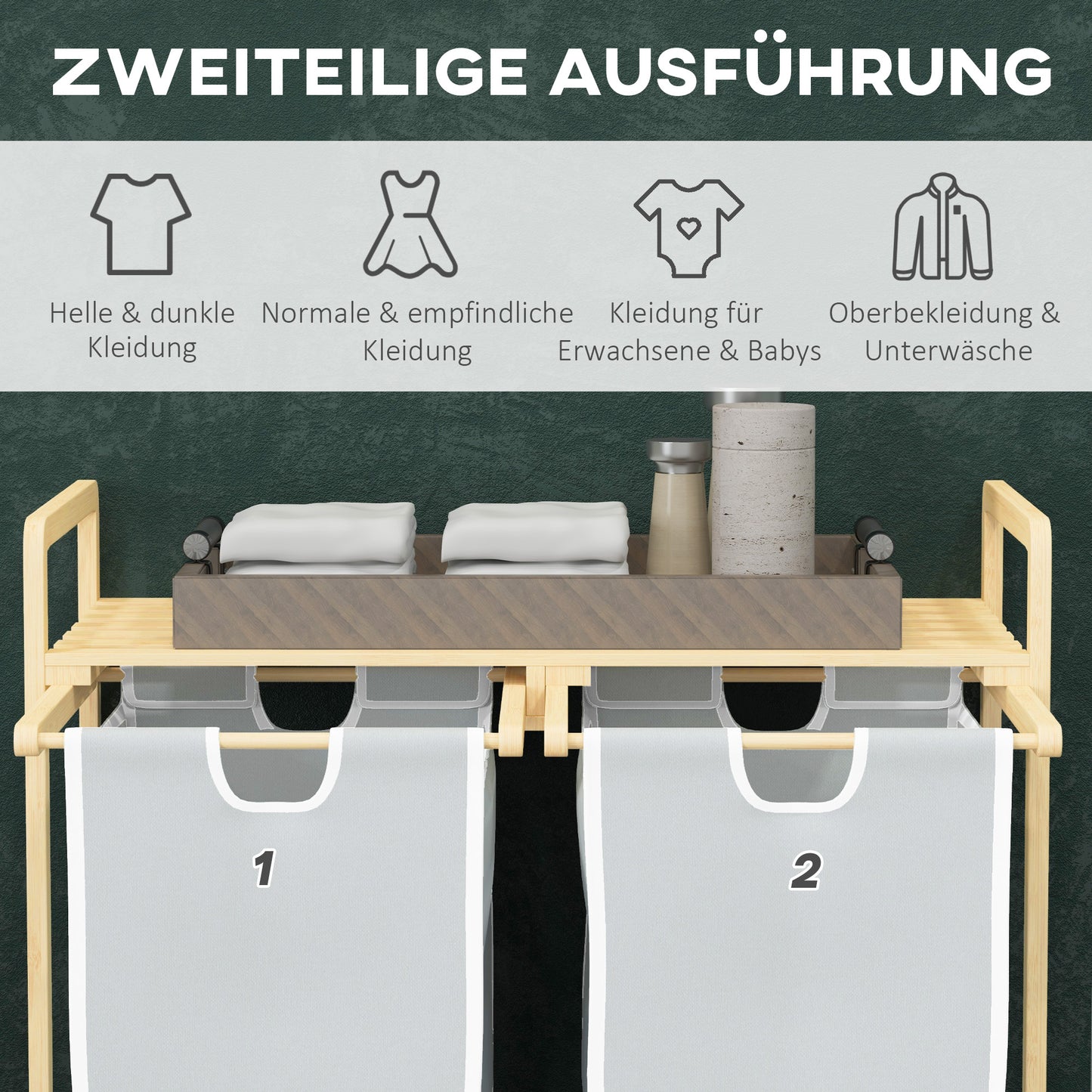 Wäschekorb 2 Fächer, Wäschesammler, Wäschebox, mit abnehmbaren Wäschesäcken, Wäschekorb Regal, Badezimmer Regal, Bambus, Crème, HOMCOM, 6