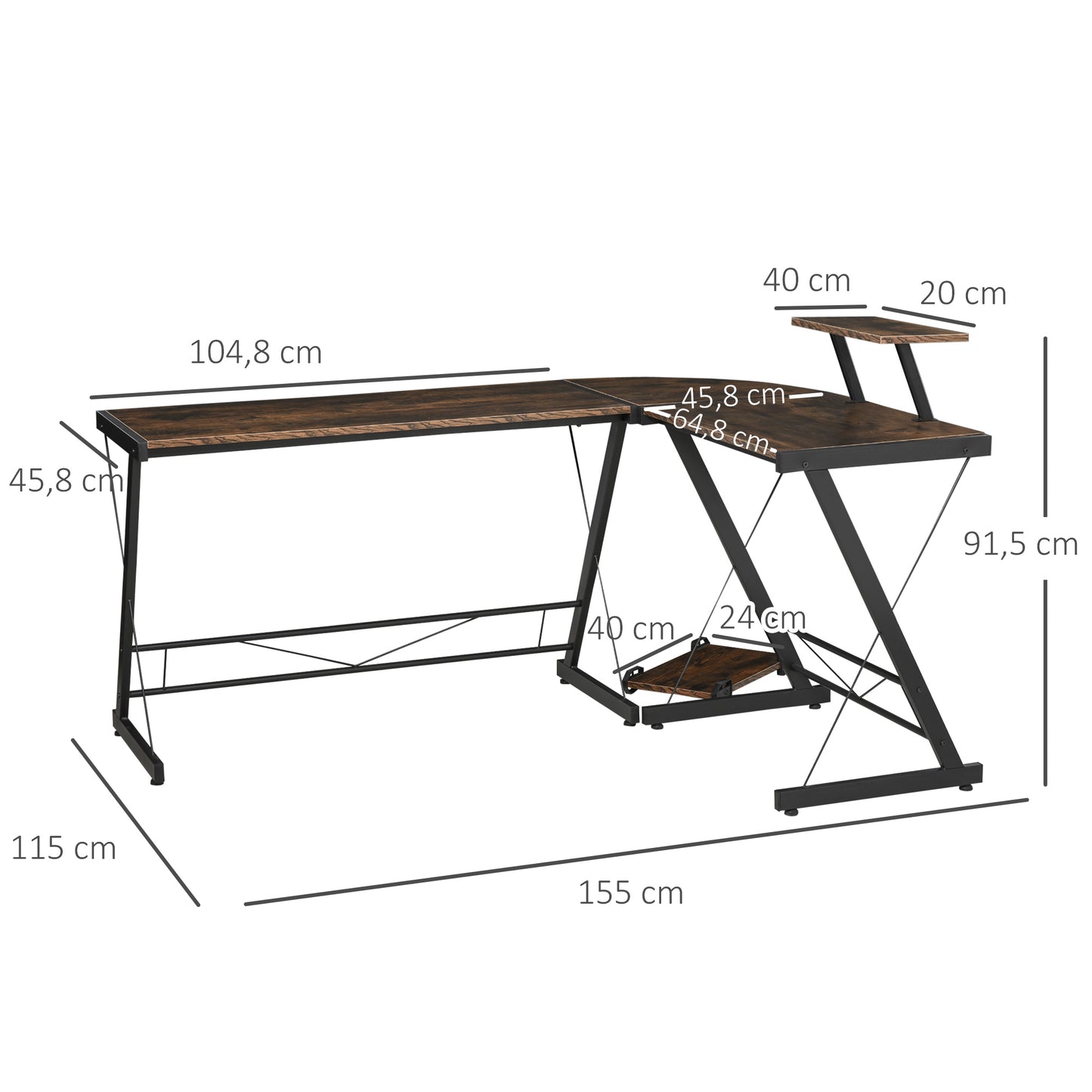 HOMCOM - Computertisch  Eckschreibtisch im Vintage-Stil, Spanplatte+Metall, Vintagebraun-Schwarz, 155x115x91,5cm