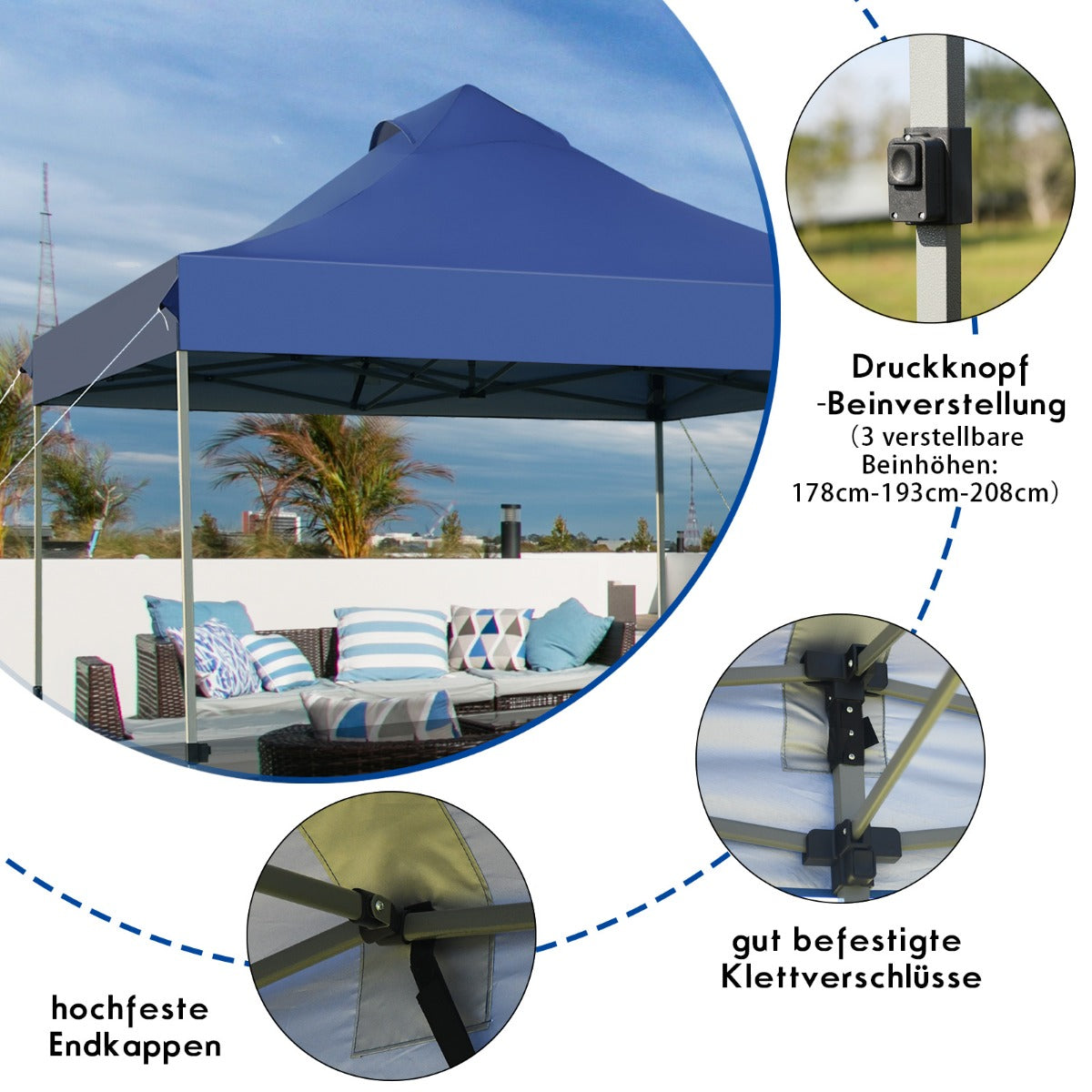 Gartenpavillon, Faltpavillon 3x3 -m, Pavillon Faltbar wasserdicht stabil Winterfest Partyzelt, Blau, Costway, 1