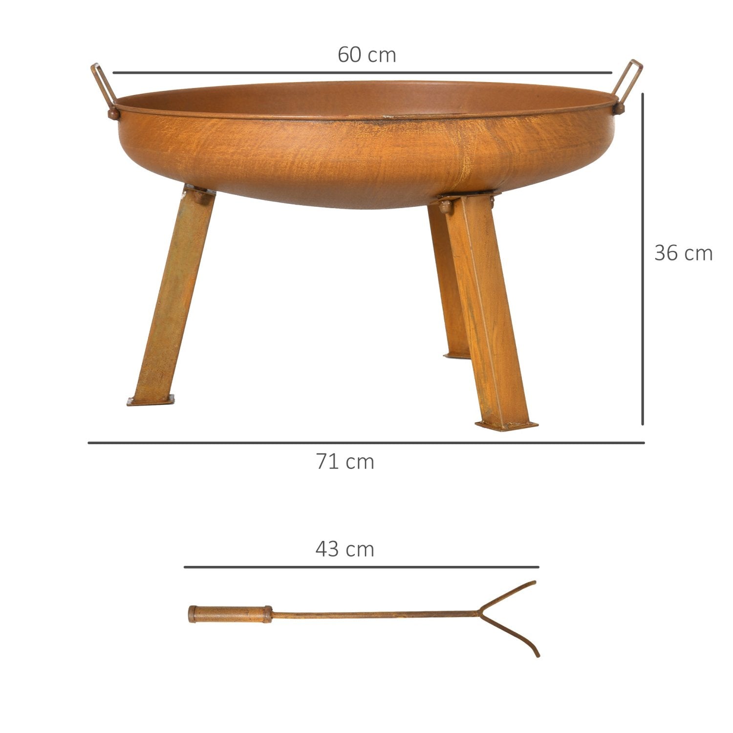 Feuerschale, Feuerschale Grill,  Feuerkorb Garten, Schürhaken, 71x60x36cm, Eisen Rostbraun, Outsunny, 2