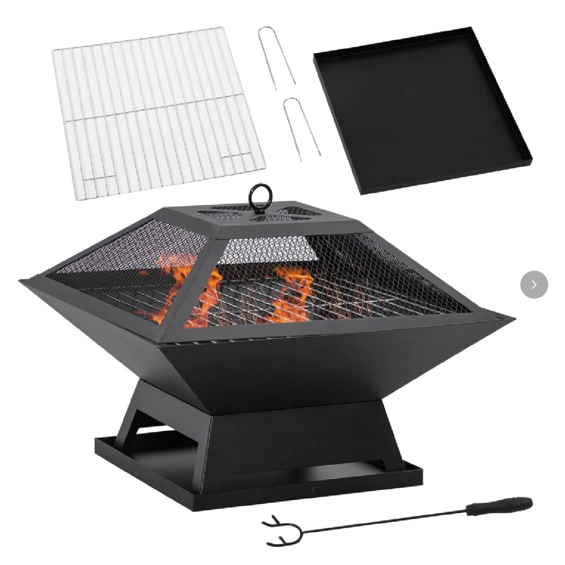 Feuerschale, Feuerschale mit Funkenschutz, Feuerkorb garten, Feuerschale Grill, mit Grillrost, Schürhaken, Schwarz, Outsunny, 9