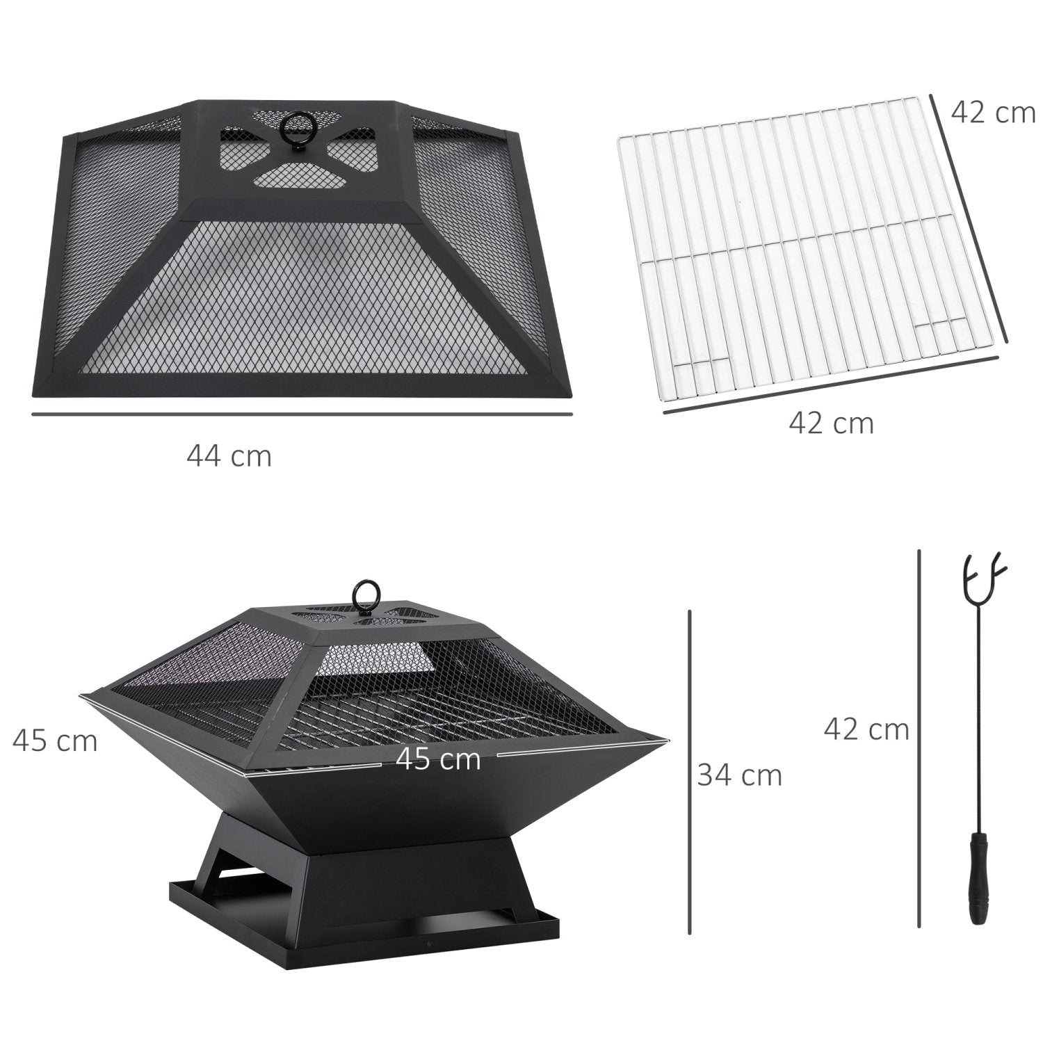 Feuerschale, Feuerschale mit Funkenschutz, Feuerkorb garten, Feuerschale Grill, mit Grillrost, Schürhaken, Schwarz, Outsunny, 2