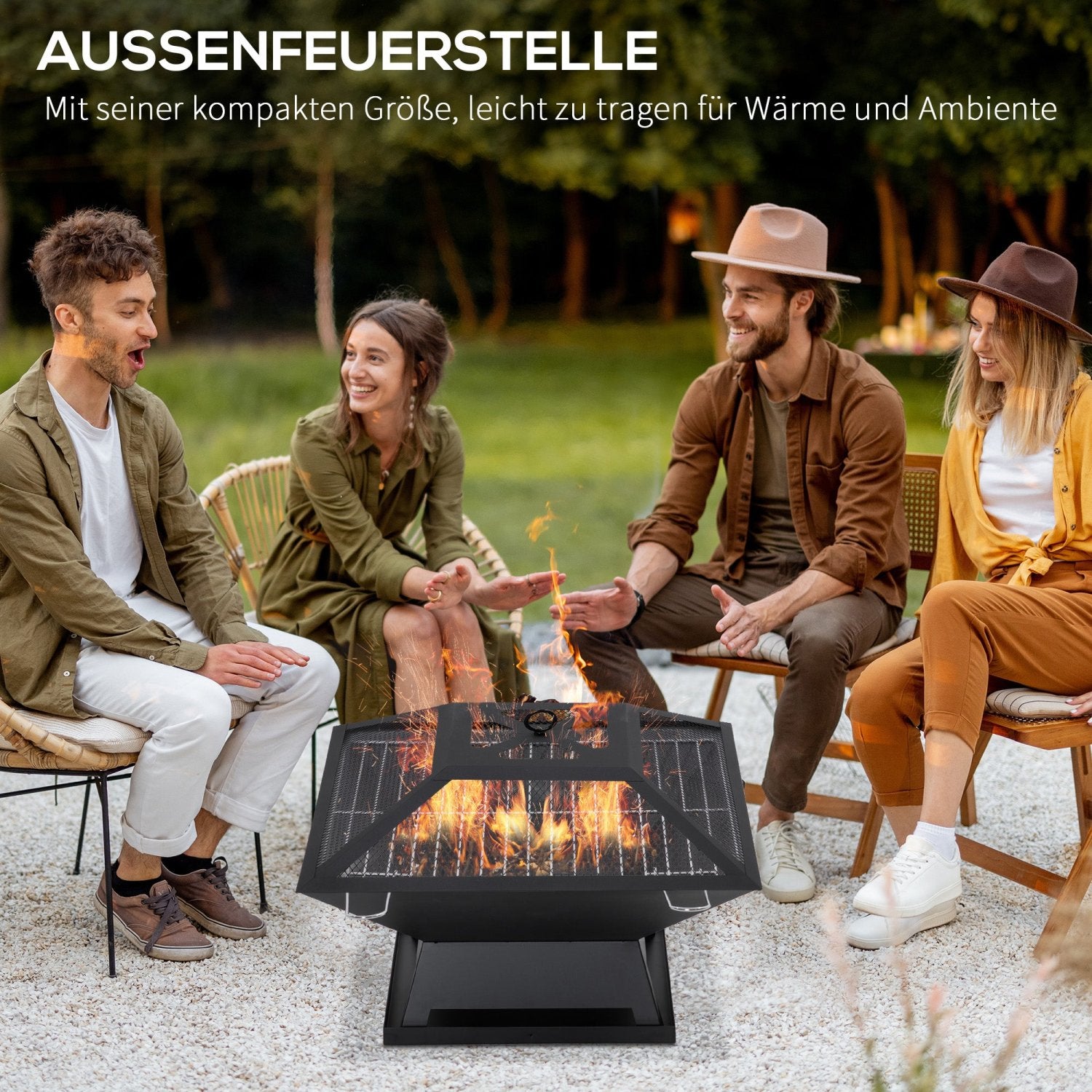 Feuerschale, Feuerschale mit Funkenschutz, Feuerkorb garten, Feuerschale Grill, mit Grillrost, Schürhaken, Schwarz, Outsunny, 3