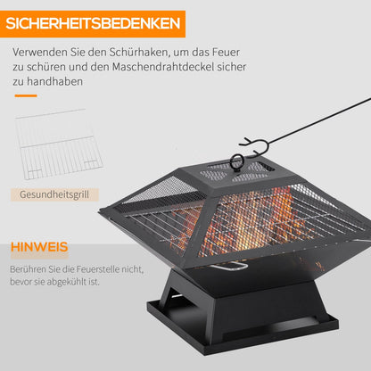 Feuerschale, Feuerschale mit Funkenschutz, Feuerkorb garten, Feuerschale Grill, mit Grillrost, Schürhaken, Schwarz, Outsunny, 5