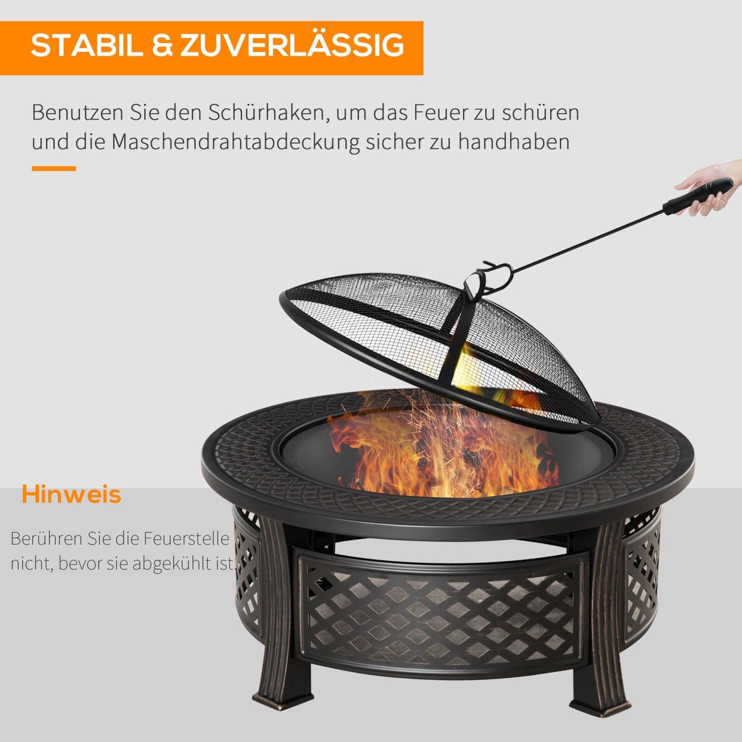 Feuerschale, Tischfeuer Outdoor, D81 x 50 cm, Feuerschale mit Funkenschutz, Feuerkorb Garten, Schwarz, Outsunny, 3