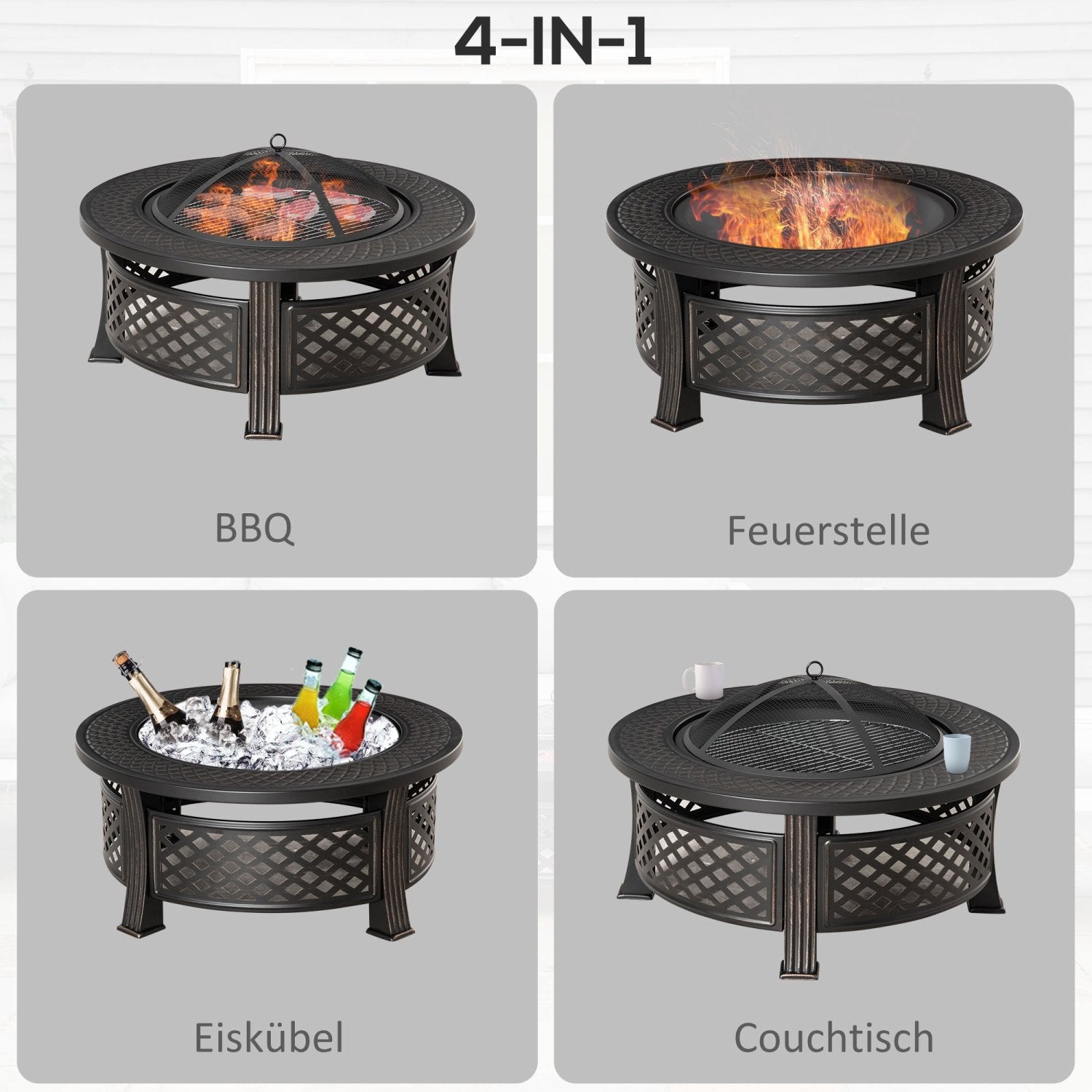 Feuerschale, Tischfeuer Outdoor, D81 x 50 cm, Feuerschale mit Funkenschutz, Feuerkorb Garten, Schwarz, Outsunny, 6