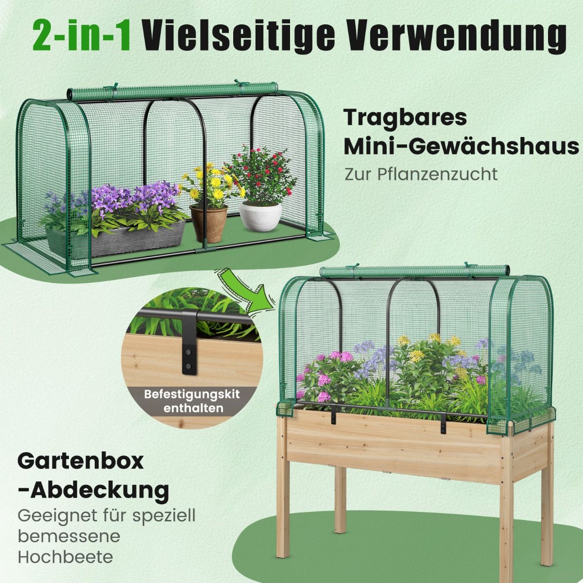 Foliengewächshaus, 2 in 1, Gewächshaus mit Aufrollbarer Reißverschlusstür PE-Abdeckung für Hochbeet, Gewächshaus folie, 118x55x60 cm, Grün, Costway, 4