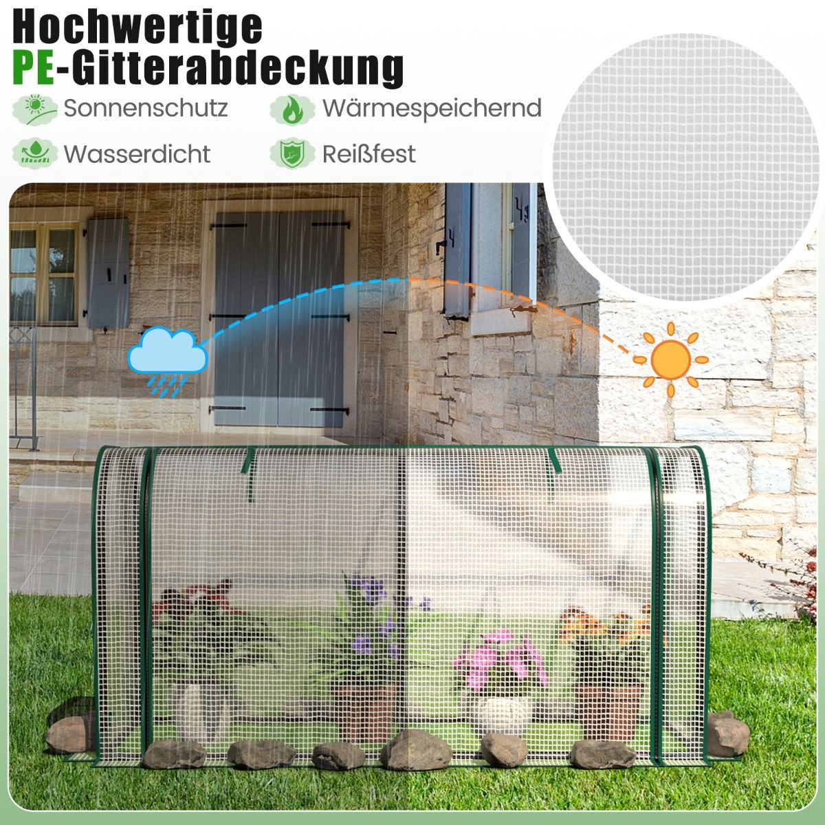 Foliengewächshaus, 2 in 1, Gewächshaus mit Aufrollbarer Reißverschlusstür PE-Abdeckung für Hochbeet, Gewächshaus folie, 118x55x60 cm, Weiß, Costway, 4